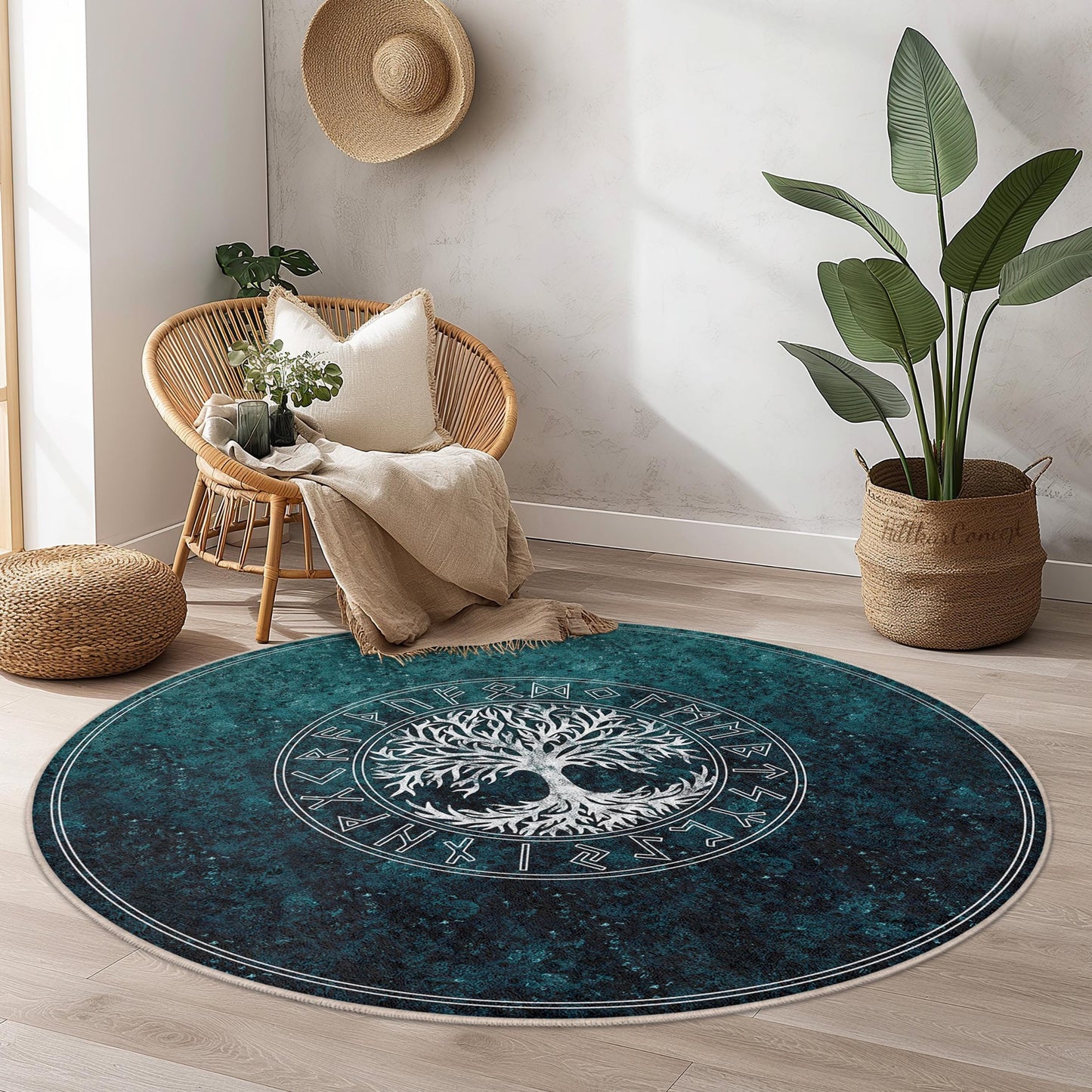 Runder Teppich „Baum des Lebens“, dekorativer Boho-Teppich, runder Wohnzimmerteppich, naturnahe Wohndekoration, umweltfreundlicher Teppich