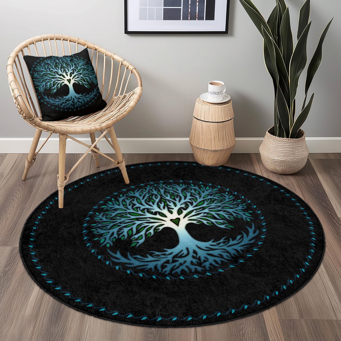 Runder Teppich „Lebensbaum“ mit lebendigem Design, künstlerischer runder Teppich, Wohnzimmerdekoration, naturinspirierter Teppich, umweltfreundliches Wohnaccessoire