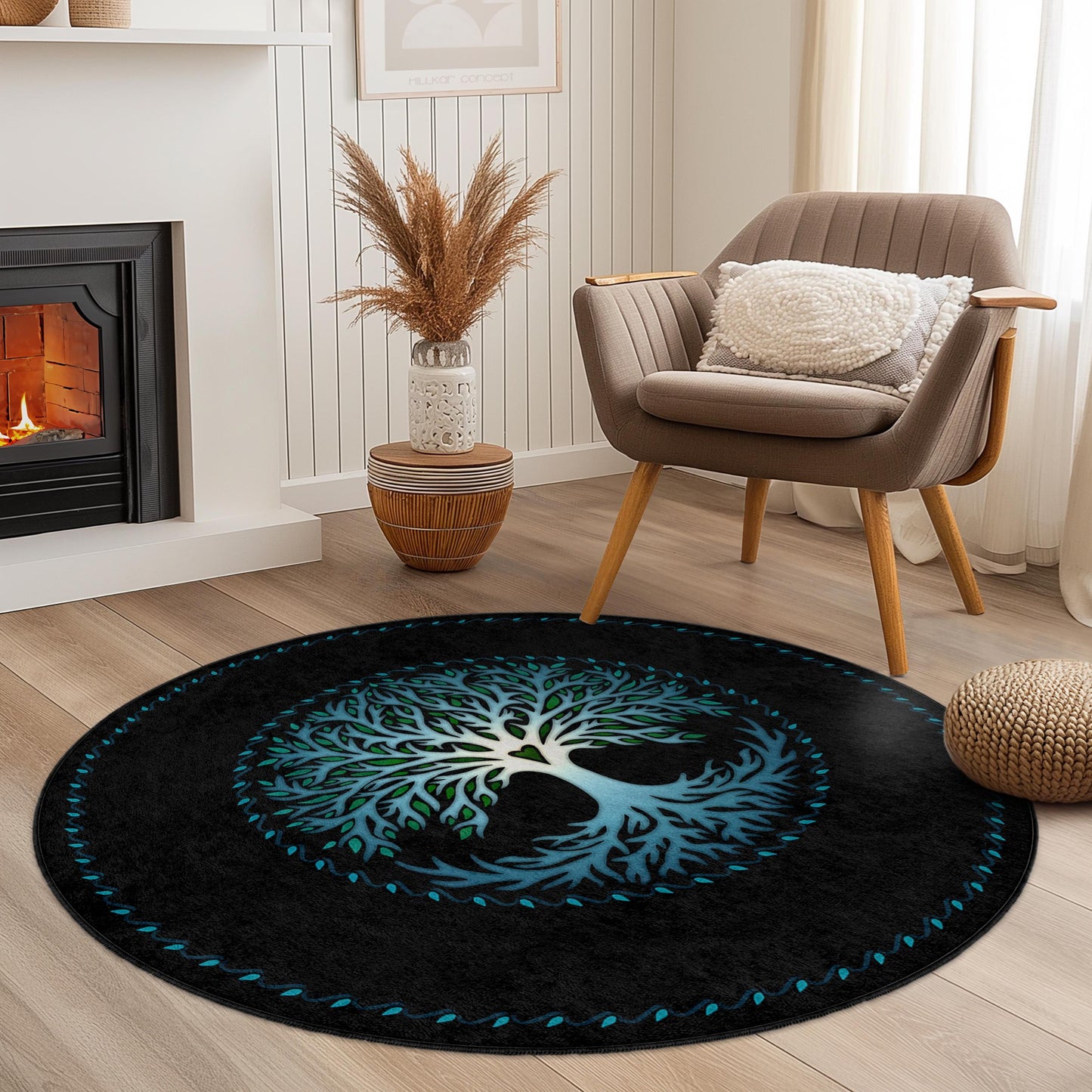 Runder Teppich „Lebensbaum“ mit lebendigem Design, künstlerischer runder Teppich, Wohnzimmerdekoration, naturinspirierter Teppich, umweltfreundliches Wohnaccessoire