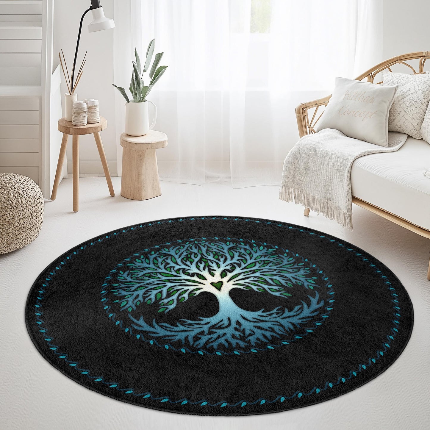 Runder Teppich „Lebensbaum“ mit lebendigem Design, künstlerischer runder Teppich, Wohnzimmerdekoration, naturinspirierter Teppich, umweltfreundliches Wohnaccessoire
