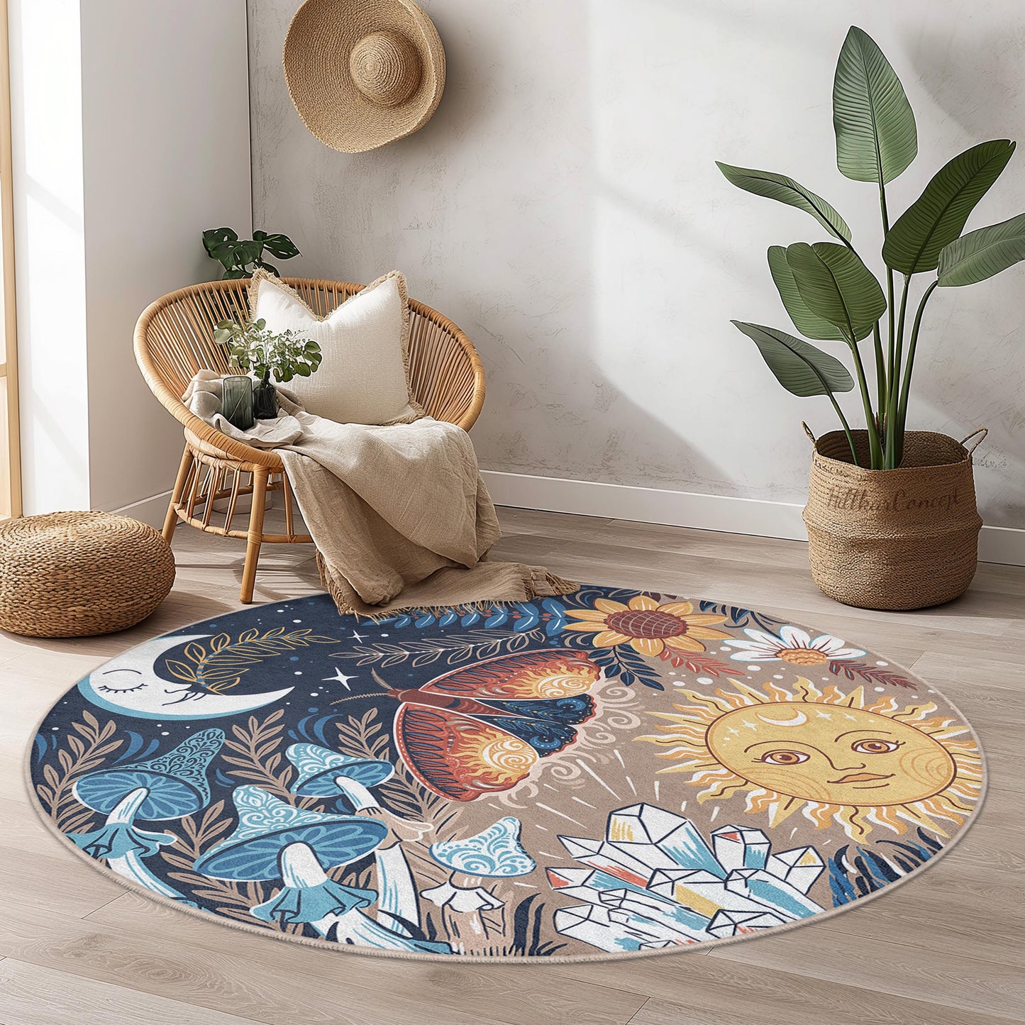 Runder Teppich mit traumhaftem Mond- und Sonnenmotiv, Teppich im Bohème-Stil, von der Natur inspirierter runder Teppich, Kunstdekor für das Wohnzimmer