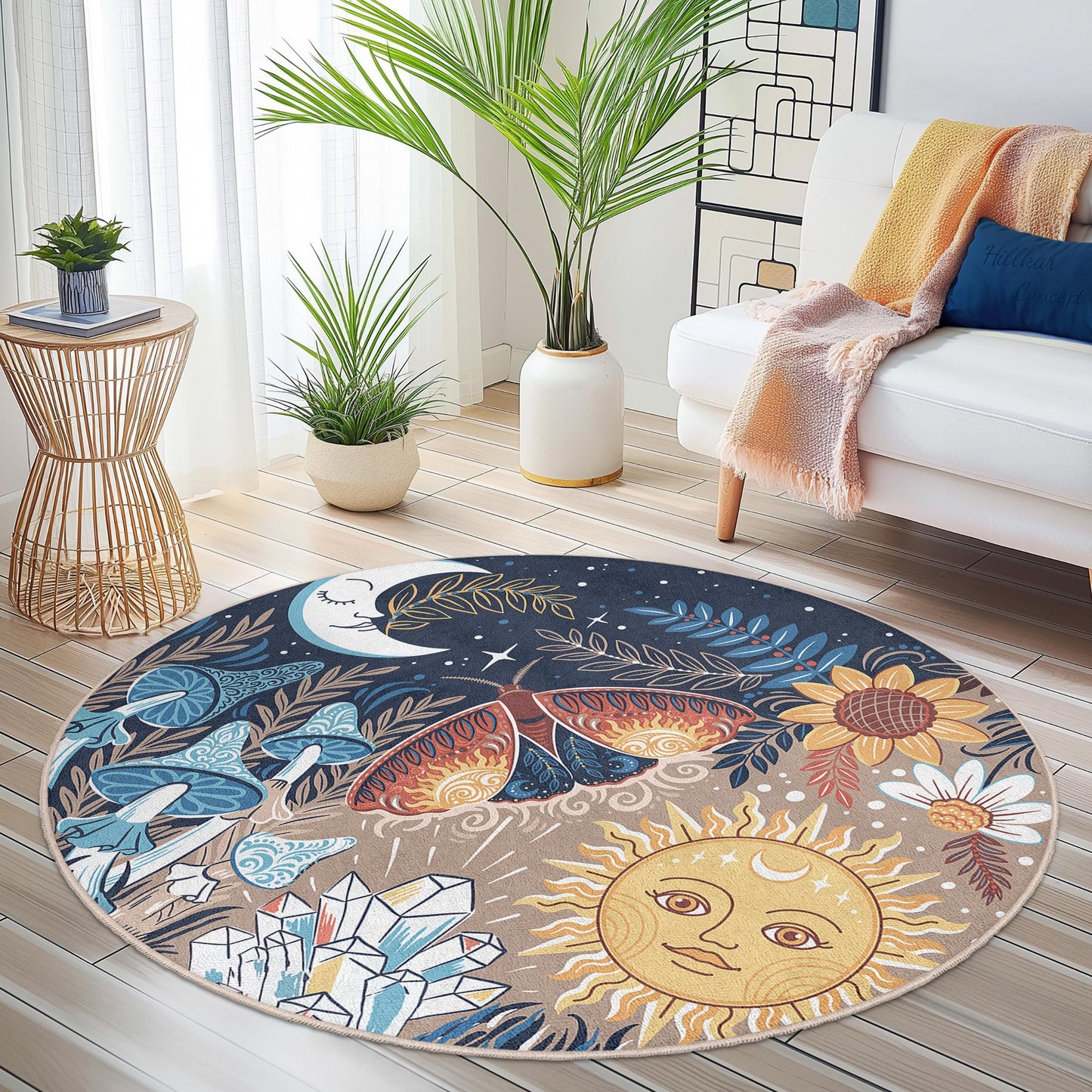 Runder Teppich mit traumhaftem Mond- und Sonnenmotiv, Teppich im Bohème-Stil, von der Natur inspirierter runder Teppich, Kunstdekor für das Wohnzimmer
