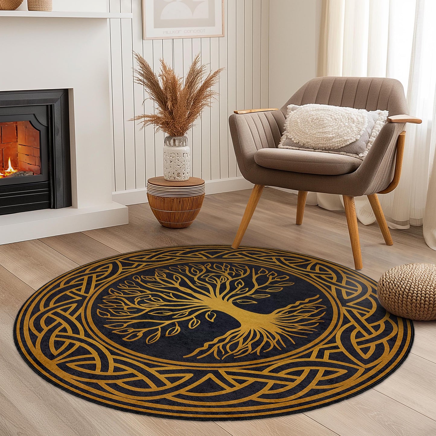 Runder Teppich mit keltischem Lebensbaum-Motiv, künstlerischer runder Teppich, Wohnaccessoires im Bohème-Stil, naturinspirierter Teppich, dekorativer runder Teppich
