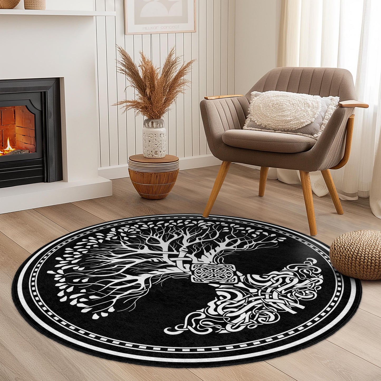 Runder Teppich mit keltischem Lebensbaum-Motiv, Teppich im Bohème-Stil, Schwarz-Weiß-Wohnaccessoire, Akzentteppich fürs Wohnzimmer, Einzigartiger runder Teppich