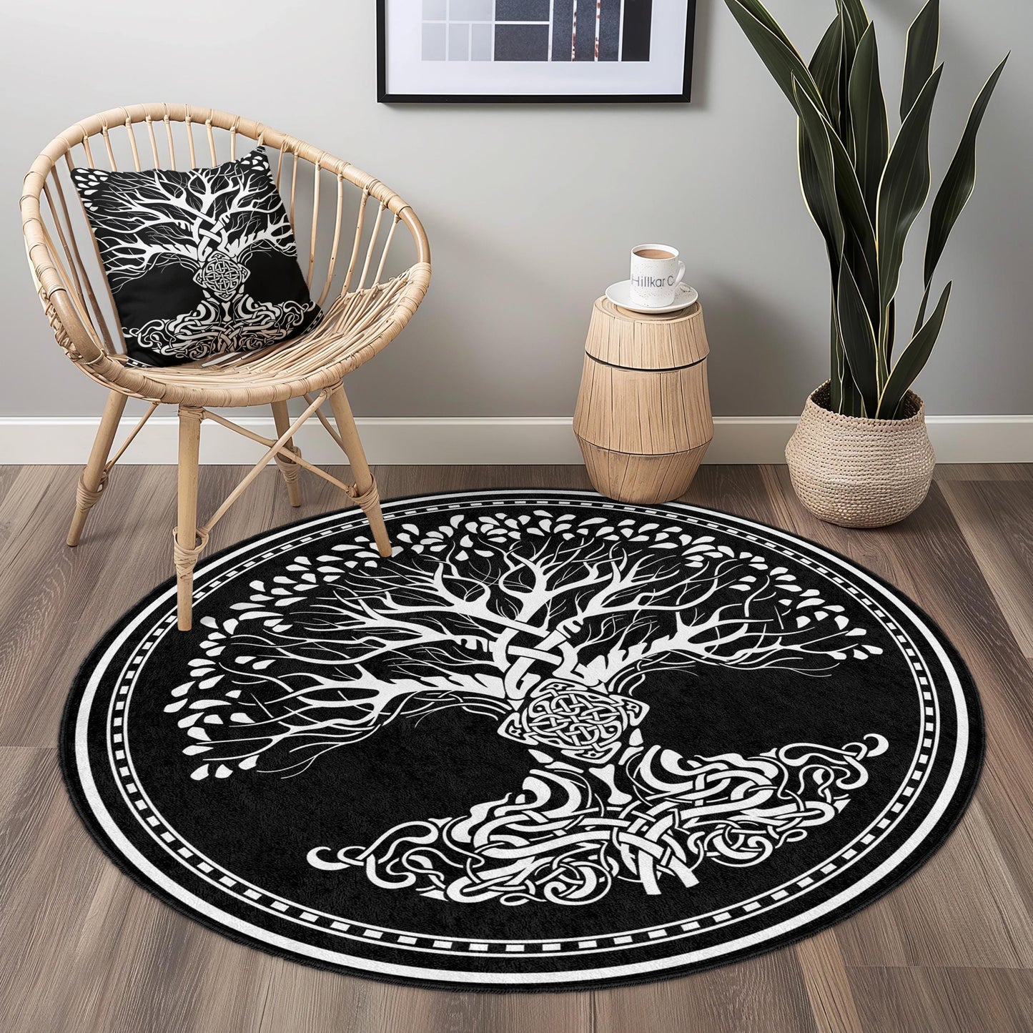 Runder Teppich mit keltischem Lebensbaum-Motiv, Teppich im Bohème-Stil, Schwarz-Weiß-Wohnaccessoire, Akzentteppich fürs Wohnzimmer, Einzigartiger runder Teppich