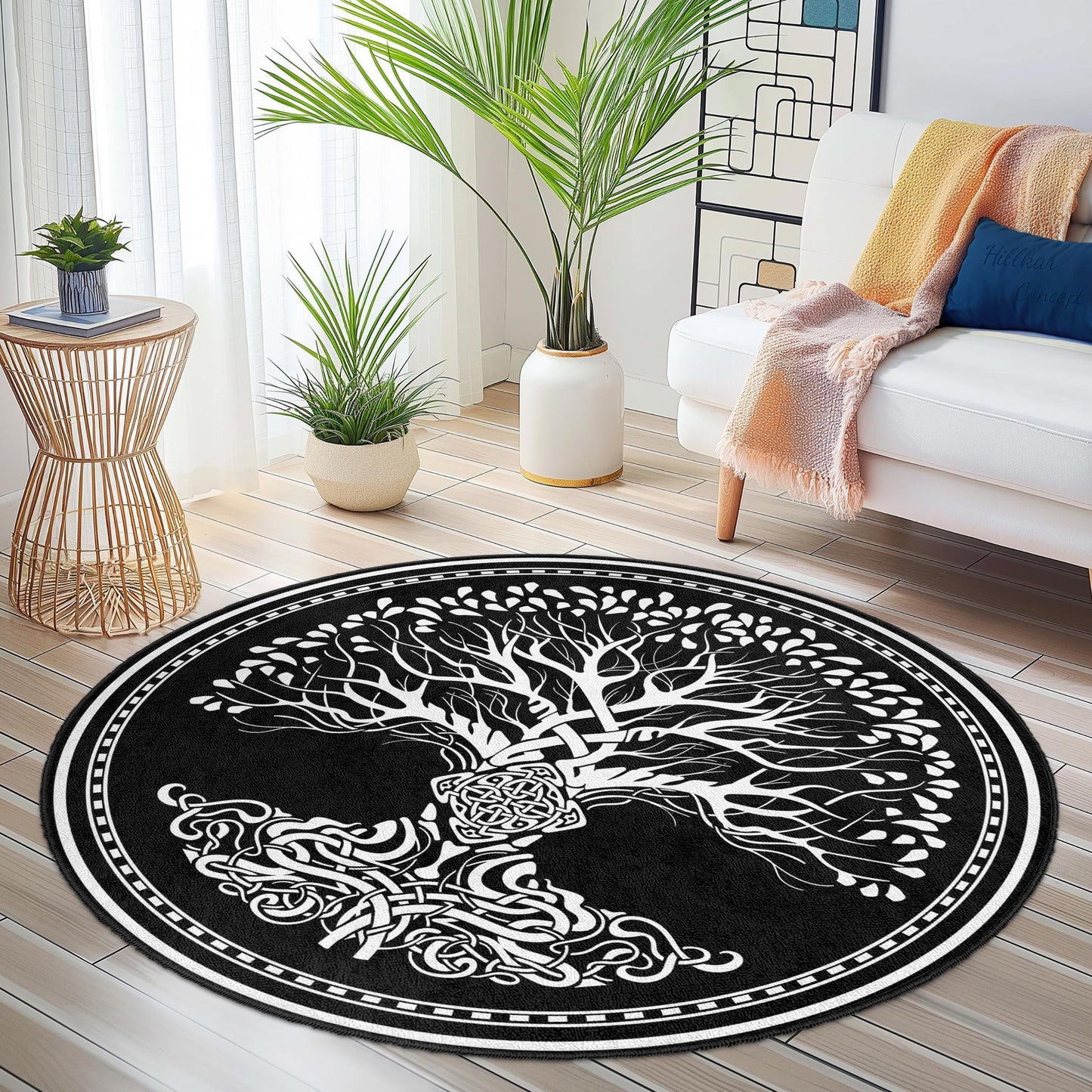 Runder Teppich mit keltischem Lebensbaum-Motiv, Teppich im Bohème-Stil, Schwarz-Weiß-Wohnaccessoire, Akzentteppich fürs Wohnzimmer, Einzigartiger runder Teppich