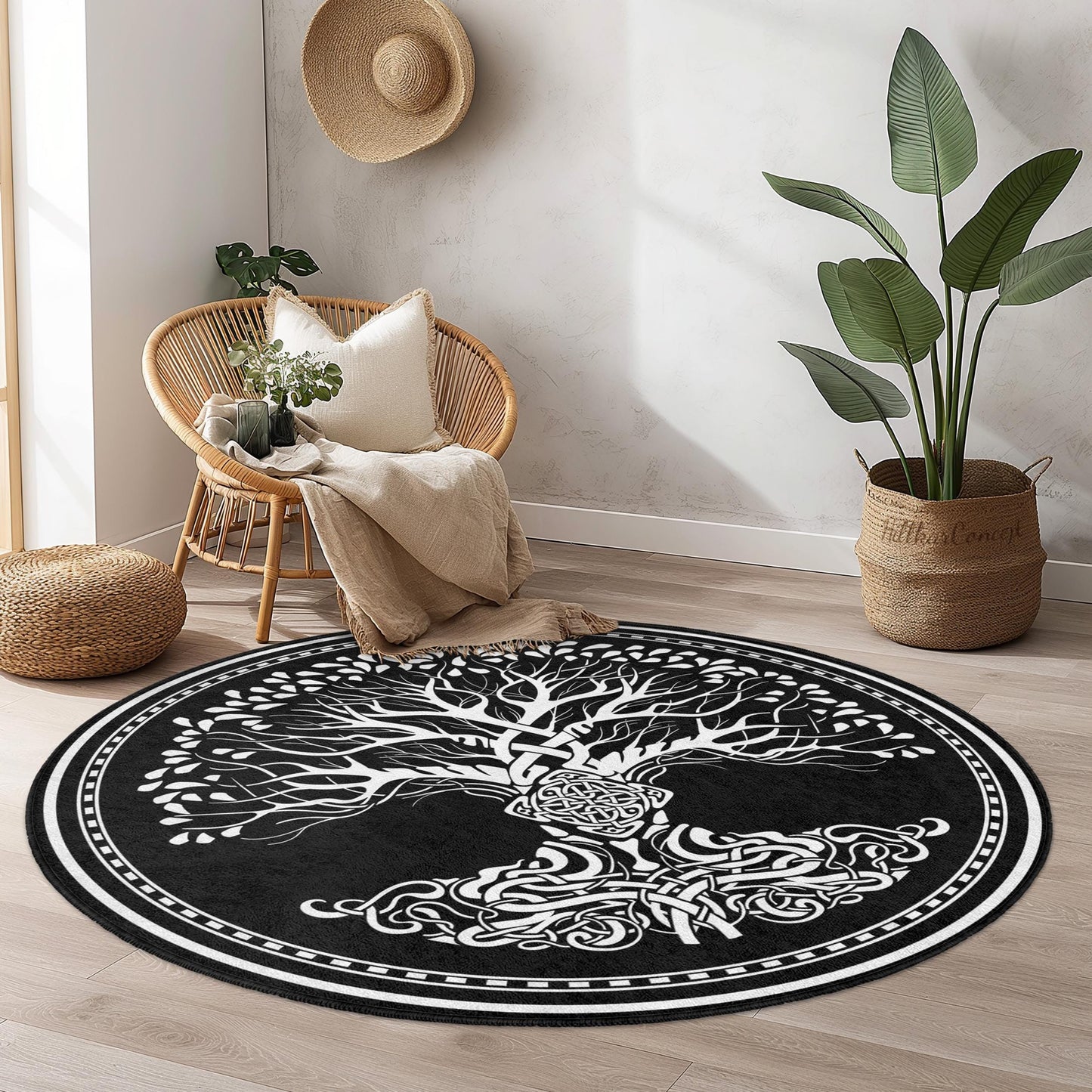 Celtic Tree of Life Round Area Rug, Bohemian Style Rug, Black and White Home Decor, Living Room Accent Rug, Unique Round Carpet