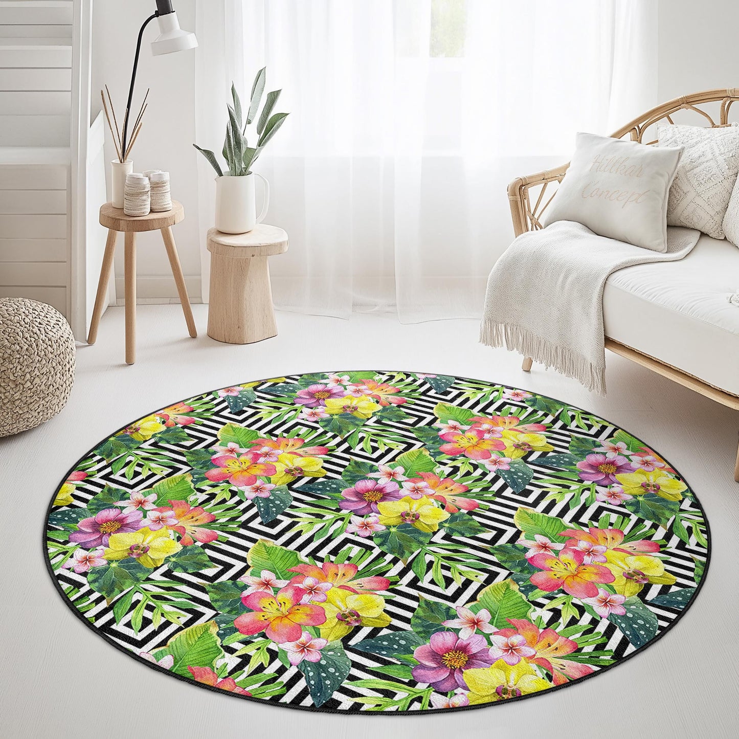 Runder Teppich mit tropischem Blumenmuster, Boho-Blumenteppich, Teppich mit geometrischem Muster, moderner runder Teppich fürs Wohnzimmer, schicke Wohndekoration
