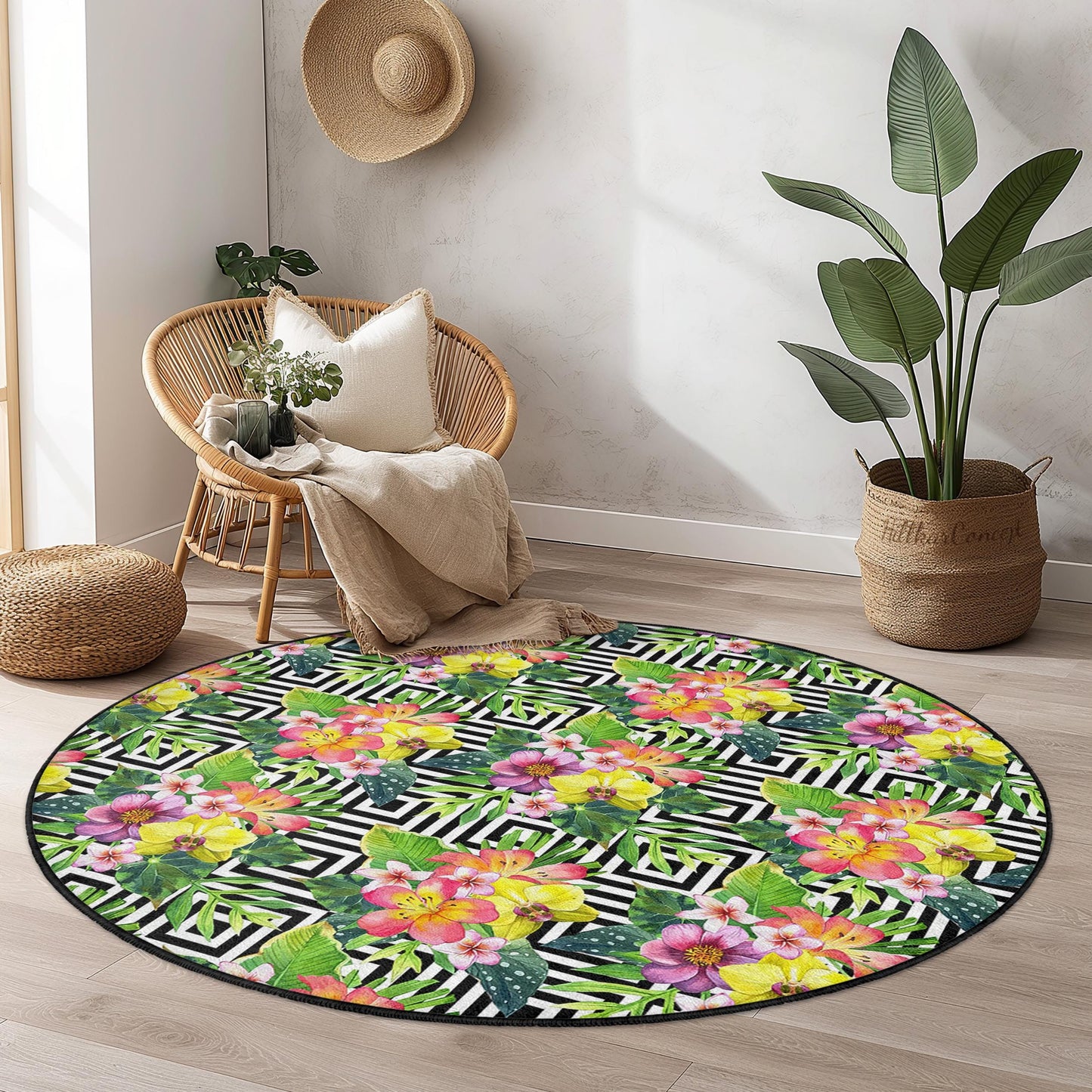Runder Teppich mit tropischem Blumenmuster, Boho-Blumenteppich, Teppich mit geometrischem Muster, moderner runder Teppich fürs Wohnzimmer, schicke Wohndekoration