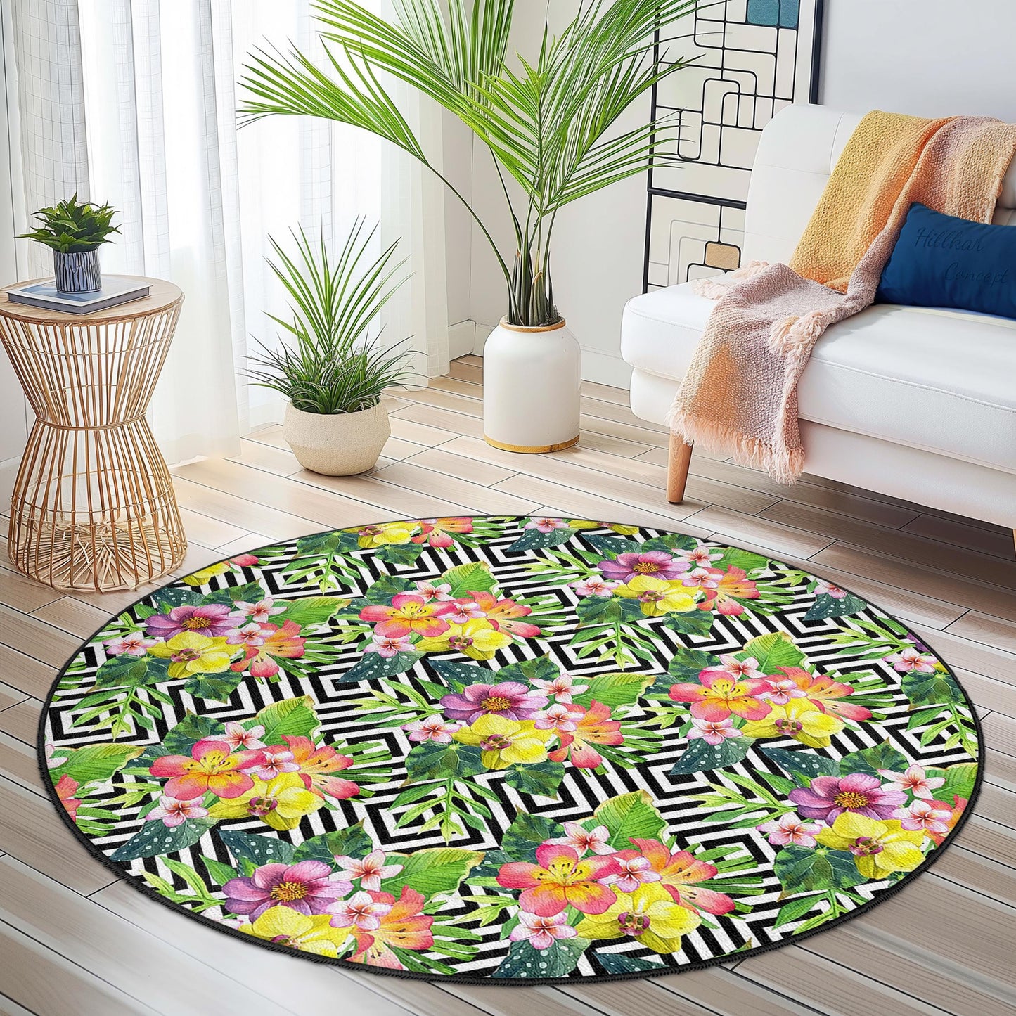 Runder Teppich mit tropischem Blumenmuster, Boho-Blumenteppich, Teppich mit geometrischem Muster, moderner runder Teppich fürs Wohnzimmer, schicke Wohndekoration