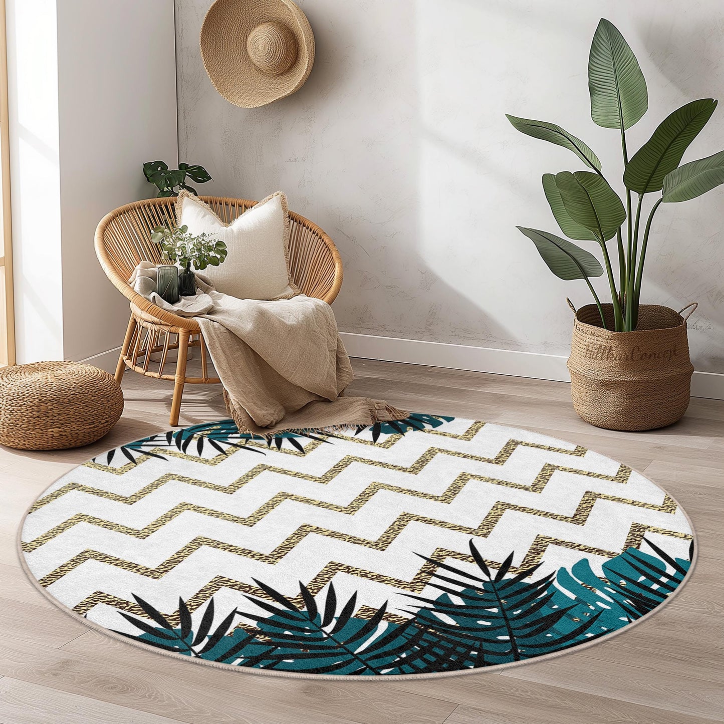 Runder Teppich mit Gold-Chevron-Muster und tropischen Blättern, stilvoller runder Wohnzimmerteppich, moderne Wohndekoration, Teppich im Bohème-Chic-Stil