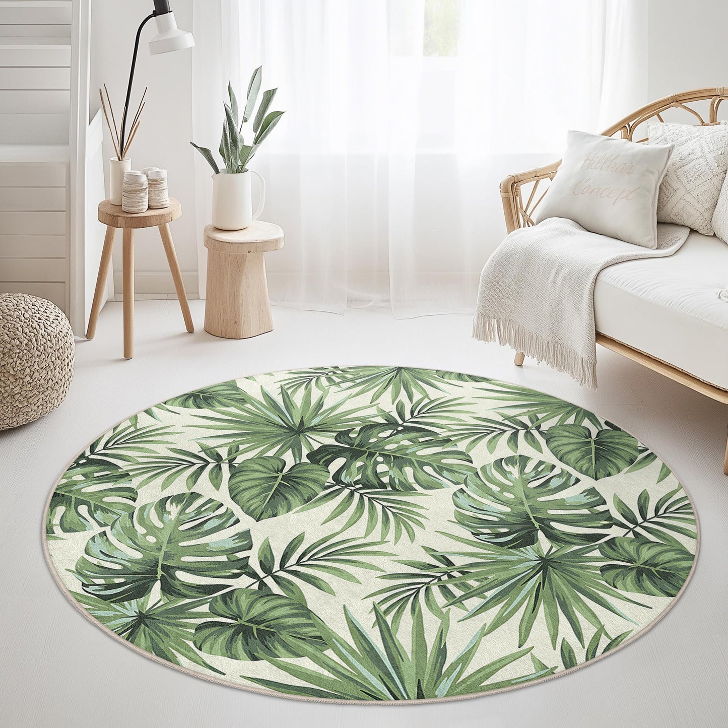 Runder Teppich mit tropischem Blättermuster, grünes botanisches Design, moderner runder Teppich für das Wohnzimmer, Boho-Dekor, runder Teppich für den Innenbereich