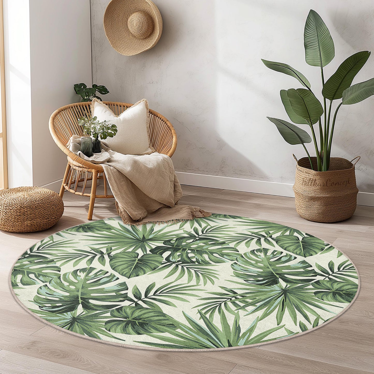 Tropical Leaves Round Area Rug, Green Botanical Design, Modern Round Rug for Living Room, Boho Decor, Indoor Round Carpet