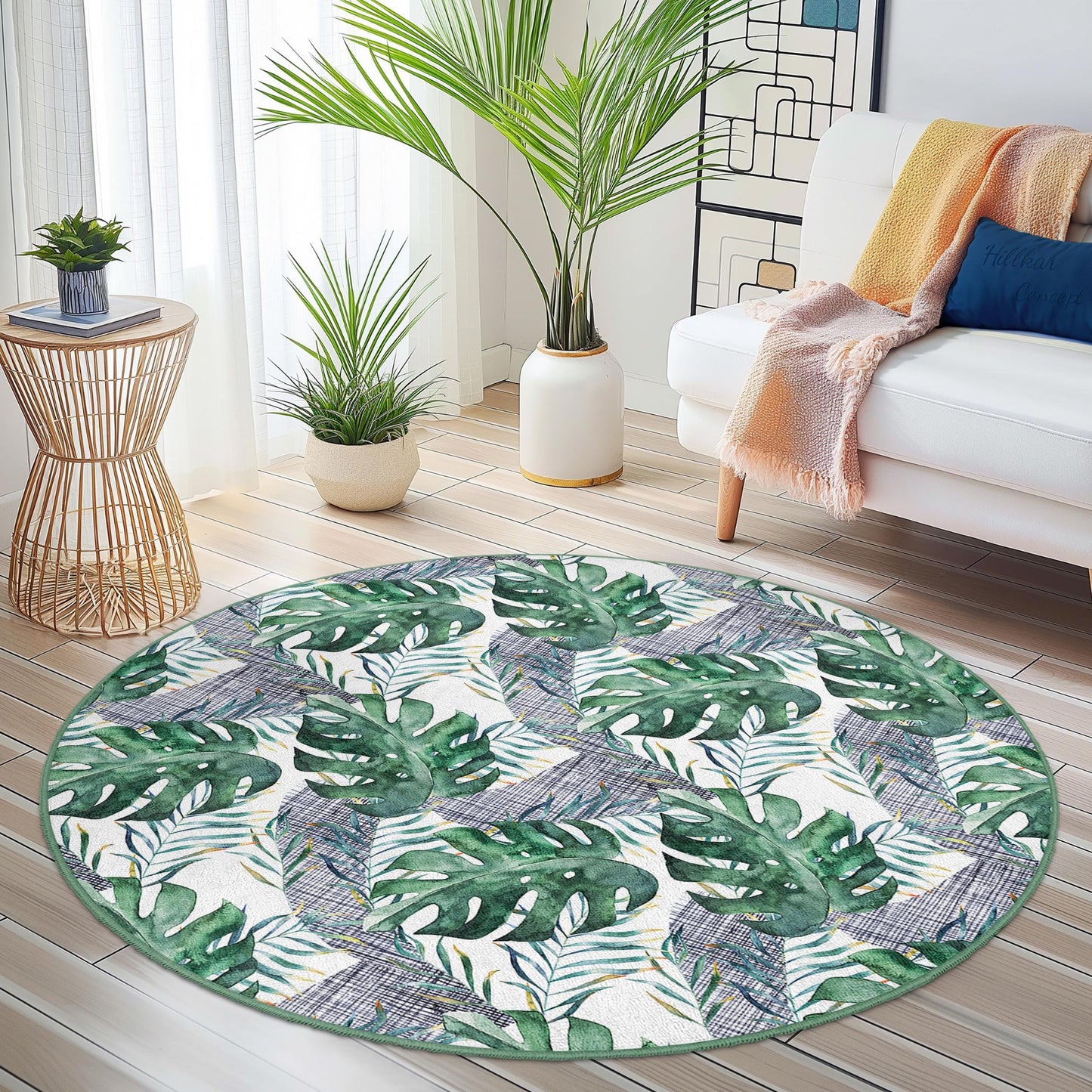 Runder Teppich mit tropischen Monstera-Blättern, runder Teppich im Bohème-Stil, Innendekoration, Wohnzimmerteppich, Geschenk für Pflanzenliebhaber