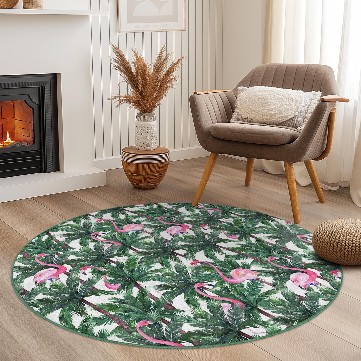 Runder Teppich mit tropischem Flamingo-Muster, Teppich mit Palmenblatt-Motiv, Runder Teppich für den Innenbereich, Boho-Stil, Wohnzimmerteppich, Exotische Wohnaccessoires
