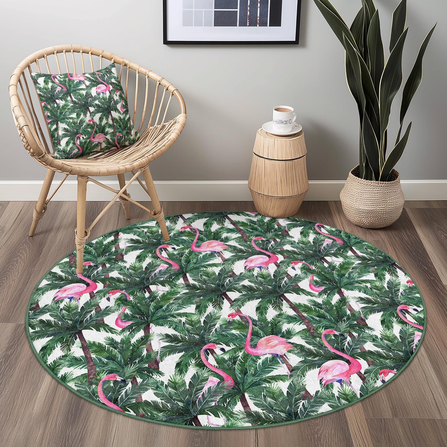 Runder Teppich mit tropischem Flamingo-Muster, Teppich mit Palmenblatt-Motiv, Runder Teppich für den Innenbereich, Boho-Stil, Wohnzimmerteppich, Exotische Wohnaccessoires