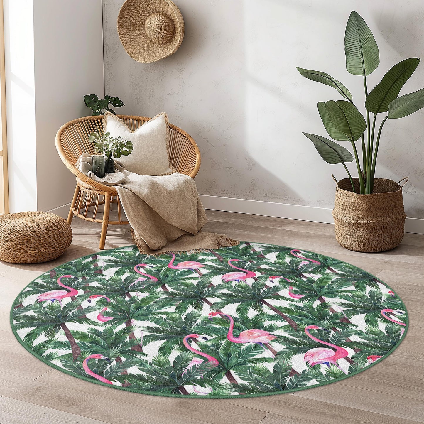 Runder Teppich mit tropischem Flamingo-Muster, Teppich mit Palmenblatt-Motiv, Runder Teppich für den Innenbereich, Boho-Stil, Wohnzimmerteppich, Exotische Wohnaccessoires