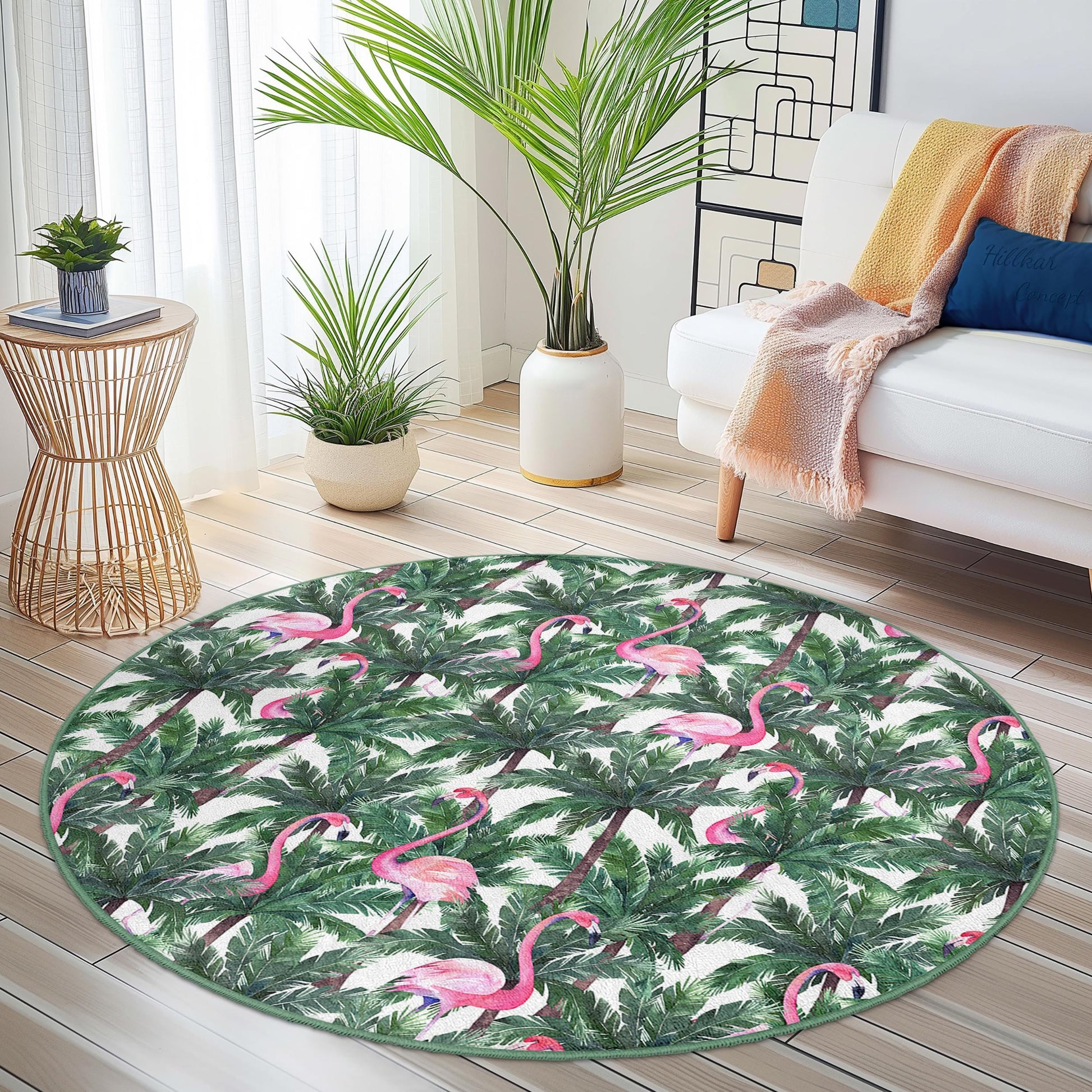 Tropical Flamingo Round Area Rug, Palm Leaf Pattern Carpet, Indoor Round Rug, Bohemian Decor, Living Room Rug, Exotic Home Decor