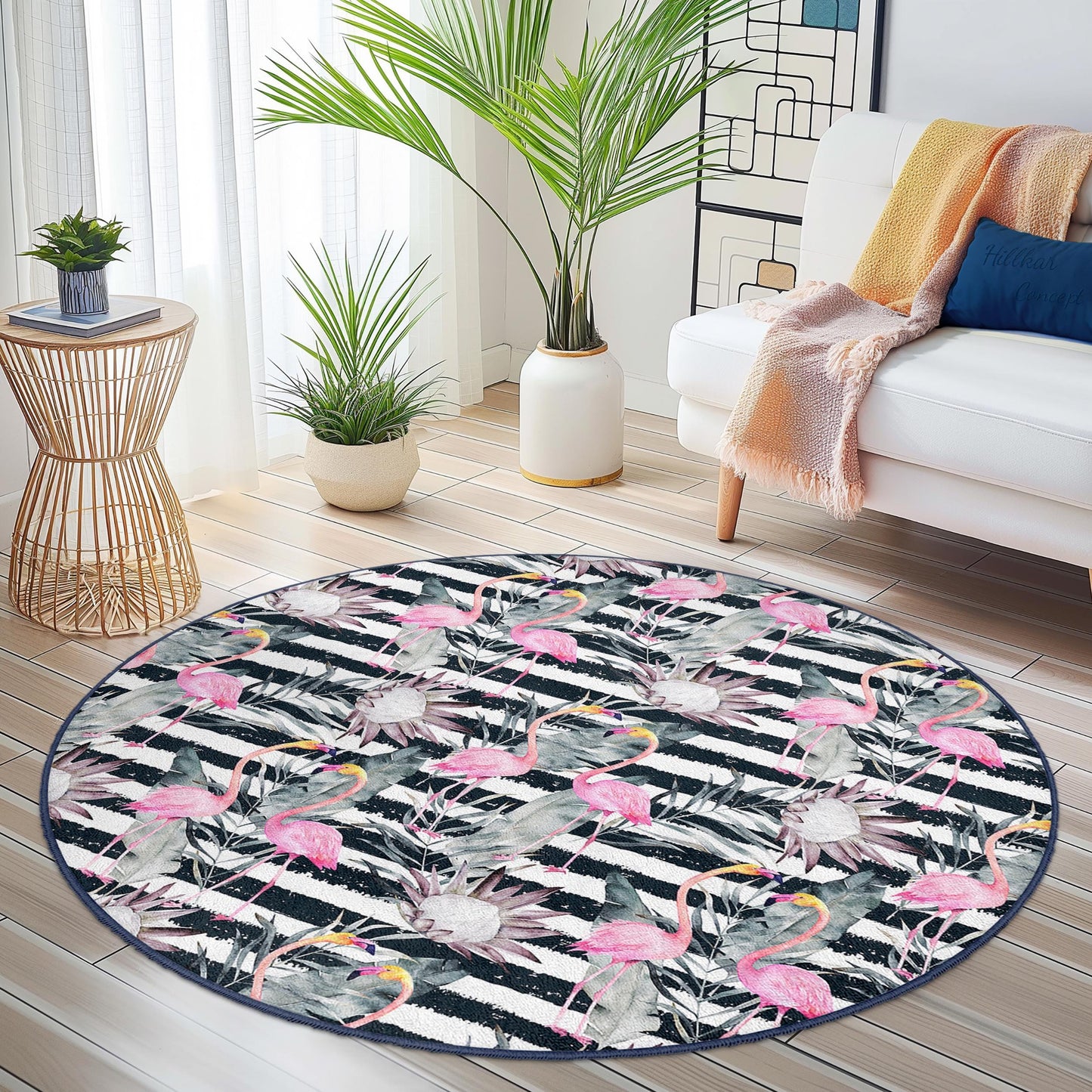 Eleganter runder Teppich mit Flamingomuster, tropisches Blumenmuster, Boho-Chic-Wohnzimmerdeko, runder Teppich für Zuhause, stilvolle runde Matte