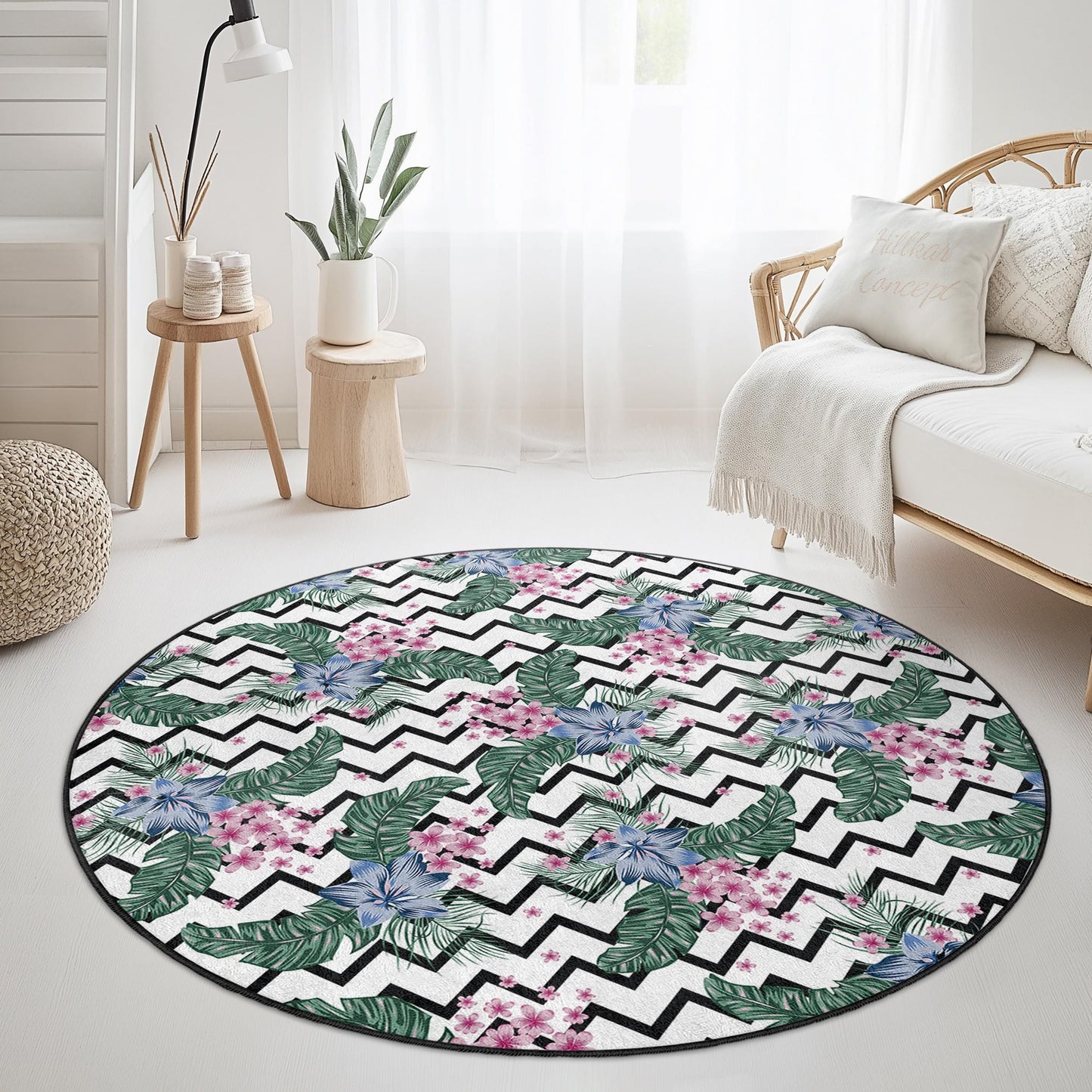 Runder Teppich mit lebendigem Blumenmuster, tropischen grünen Blättern und rosa Blüten, moderner runder Teppich für Wohnzimmer, Wohnaccessoires, Boho-Chic
