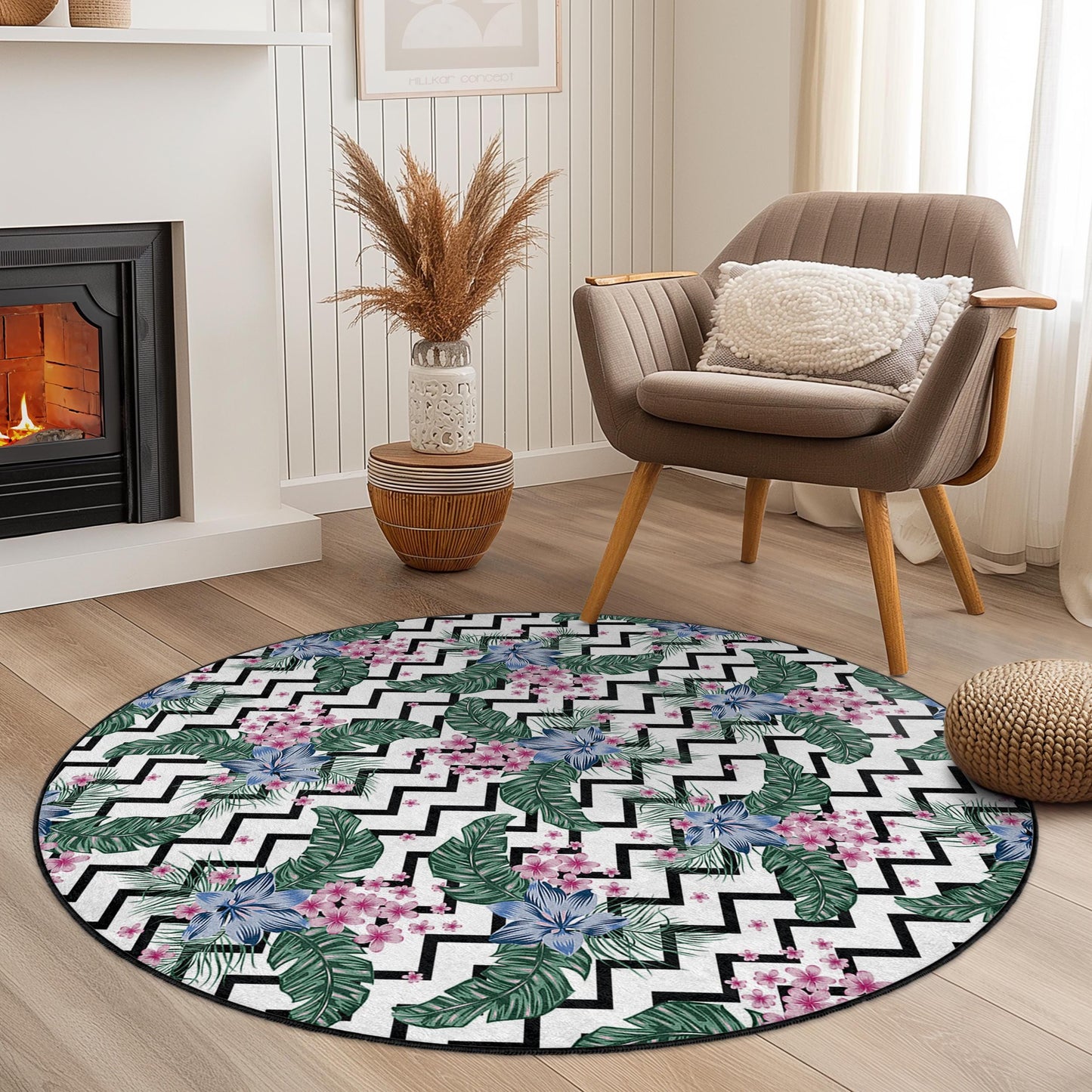 Runder Teppich mit lebendigem Blumenmuster, tropischen grünen Blättern und rosa Blüten, moderner runder Teppich für Wohnzimmer, Wohnaccessoires, Boho-Chic