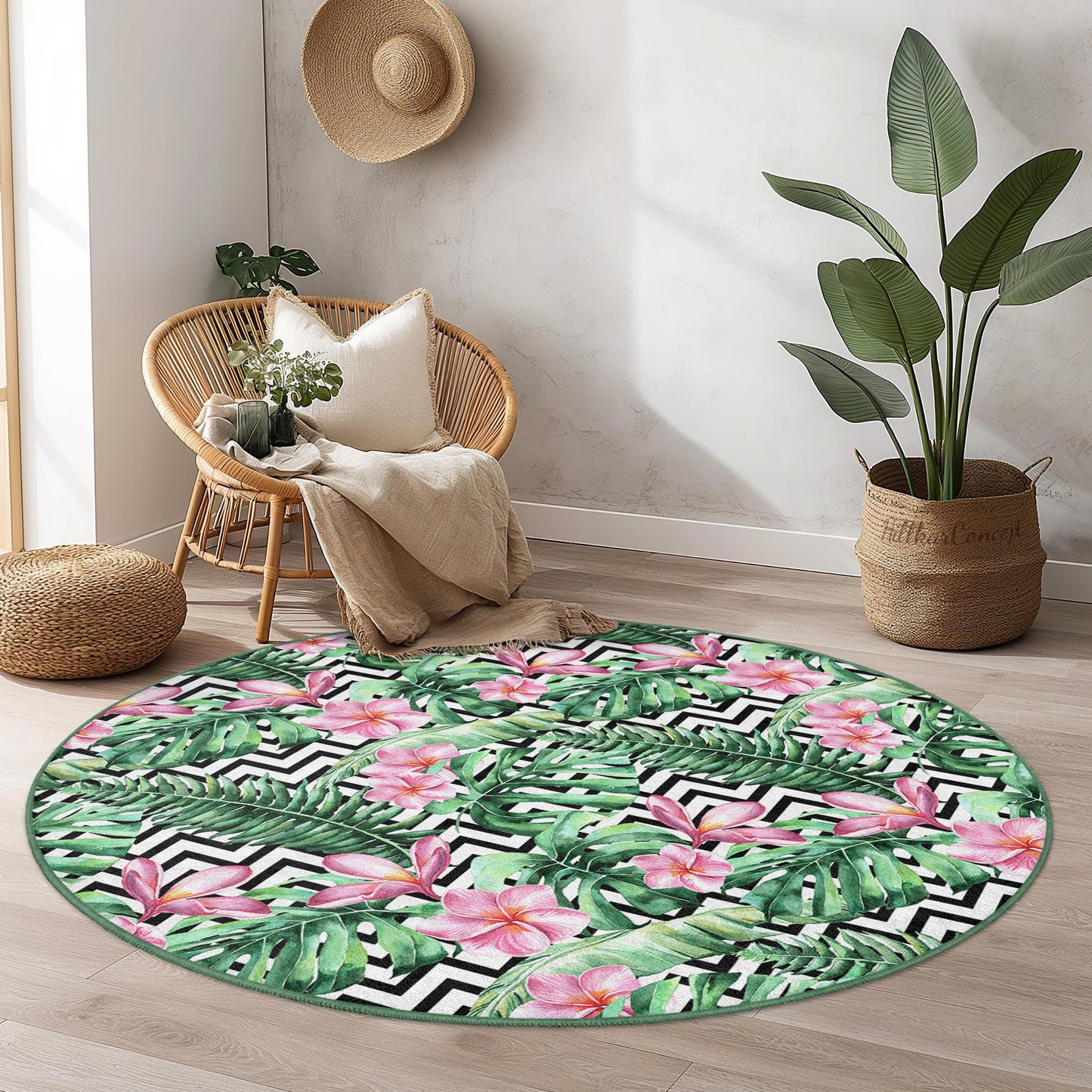 Runder Teppich mit tropischem Blumenmuster, runder Teppich mit Blattmuster, Wohnaccessoires im Bohème-Stil, runder Teppich für den Innenbereich, Wohnzimmerdekoration