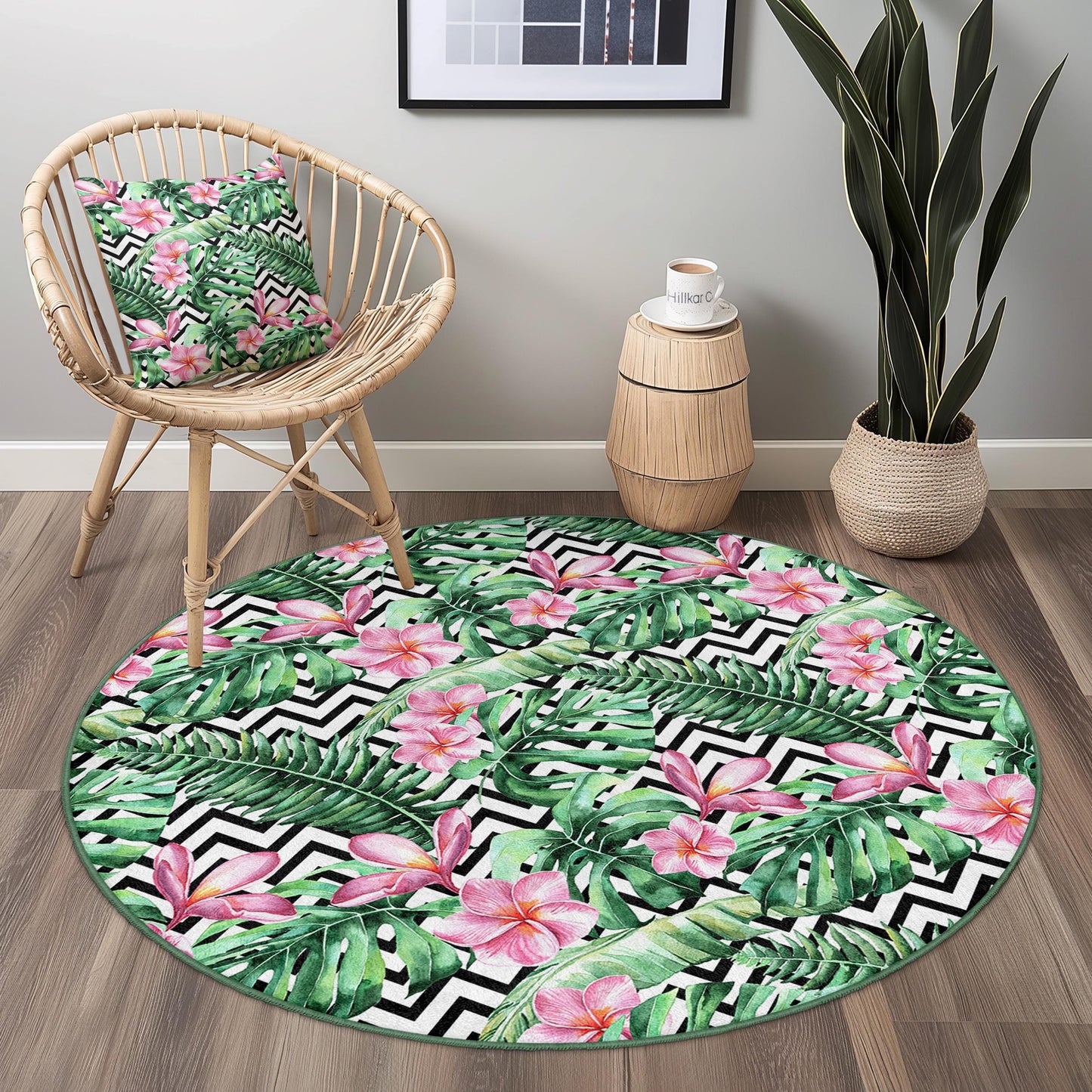 Runder Teppich mit tropischem Blumenmuster, runder Teppich mit Blattmuster, Wohnaccessoires im Bohème-Stil, runder Teppich für den Innenbereich, Wohnzimmerdekoration