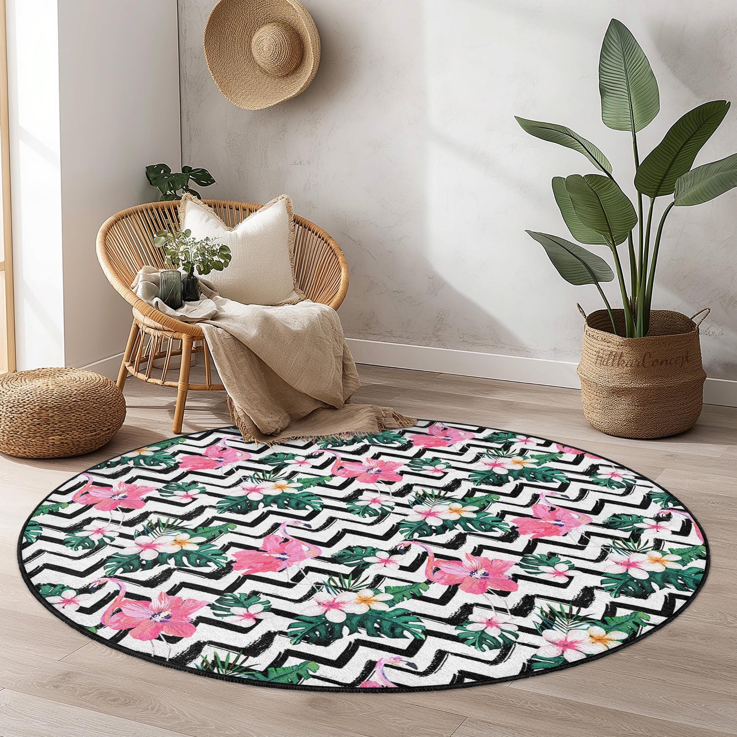 Runder Teppich mit Flamingo-Muster, runder Teppich mit tropischem Blumenmuster, Boho-Chic-Wohndeko, runder Wohnzimmerteppich, runde Matte für den Innenbereich