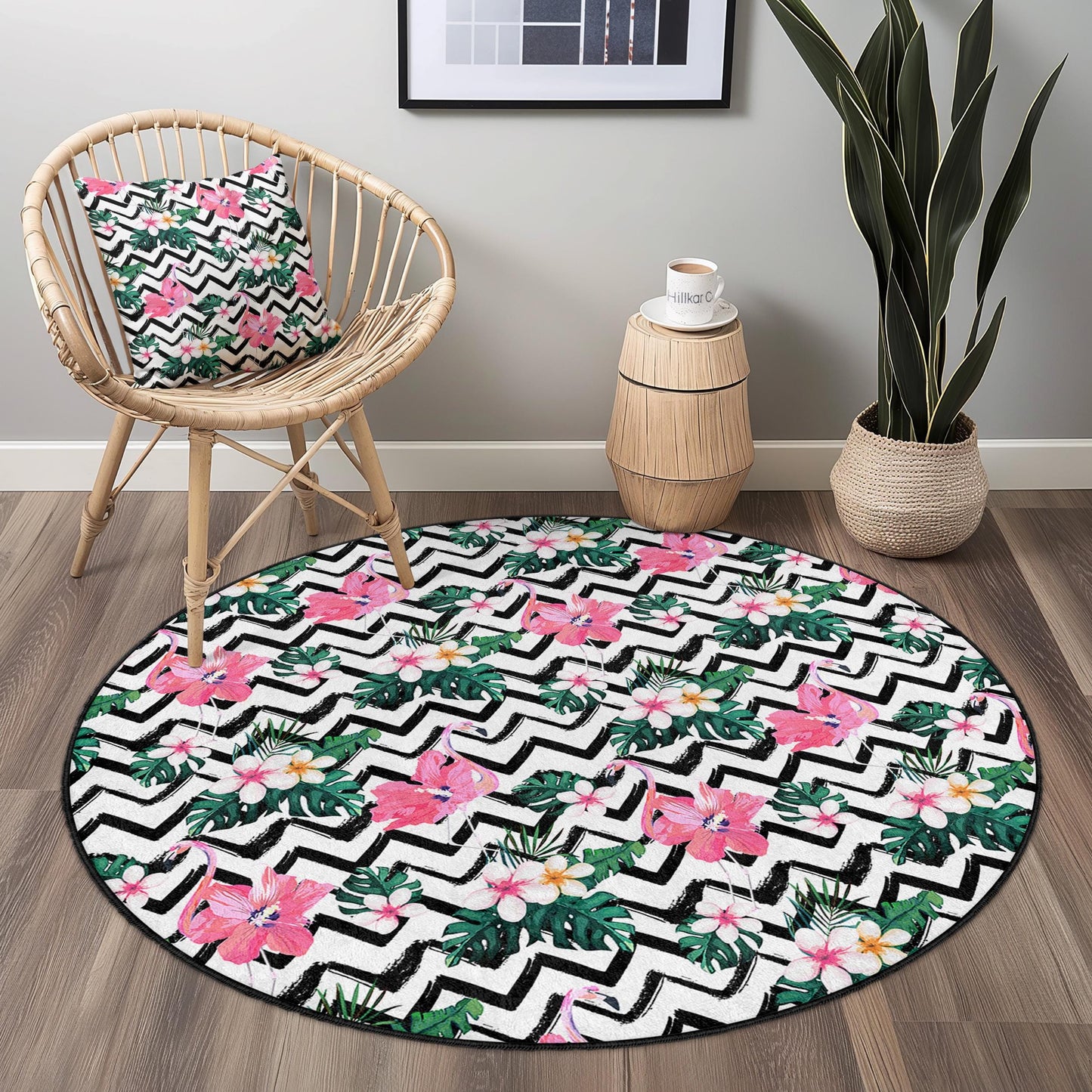Flamingo Pattern Round Area Rug, Tropical Floral Round Rug, Boho Chic Home Decor, Living Room Round Carpet, Indoor Round Mat