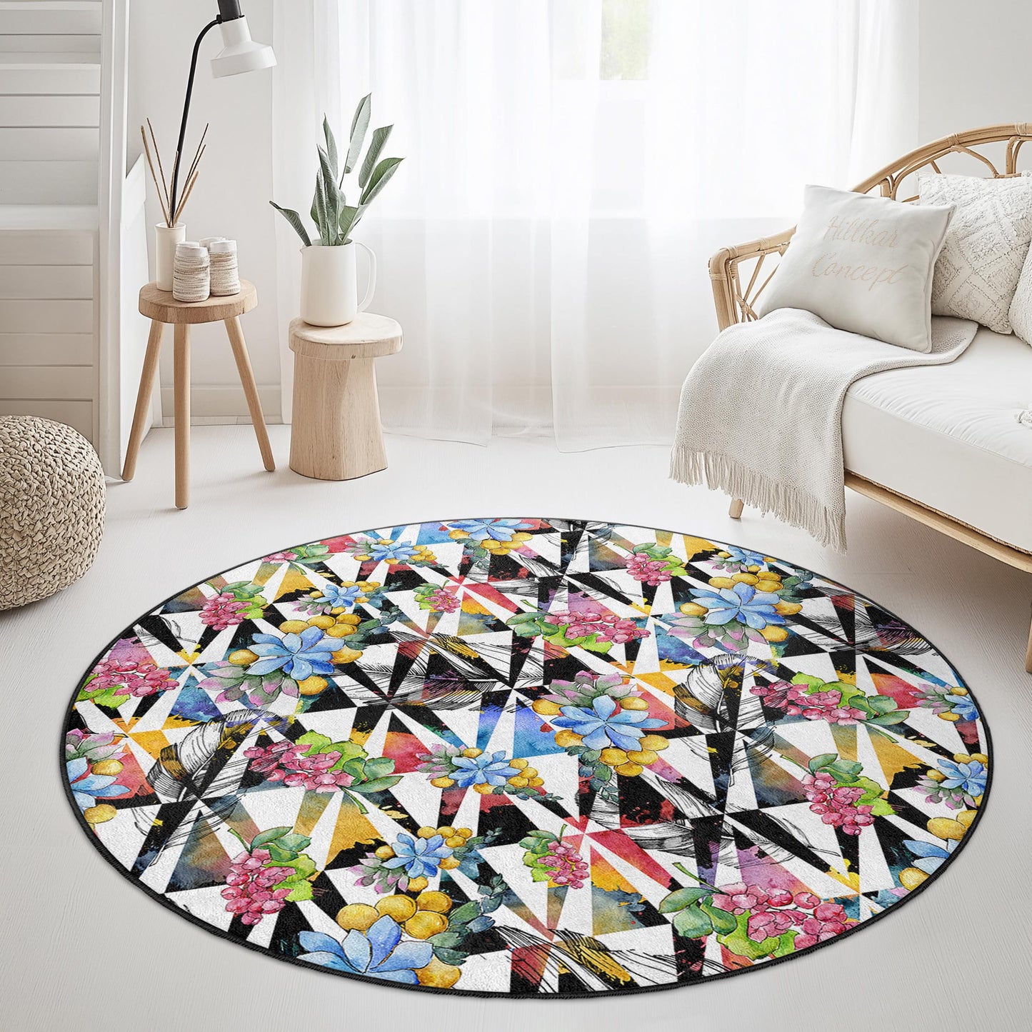 Runder Teppich mit floralem und geometrischem Muster, Teppich mit lebendigem Blumenmuster, moderner runder Teppich für das Wohnzimmer, einzigartige Wohndekoration, stilvoller runder Teppich