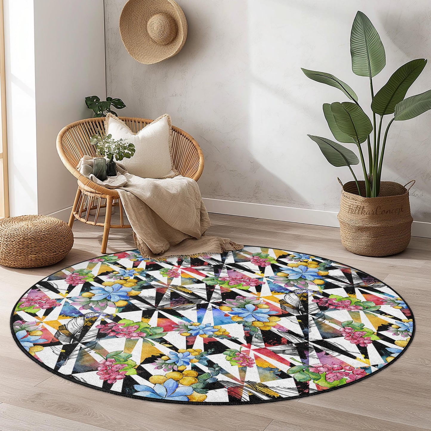 Runder Teppich mit floralem und geometrischem Muster, Teppich mit lebendigem Blumenmuster, moderner runder Teppich für das Wohnzimmer, einzigartige Wohndekoration, stilvoller runder Teppich