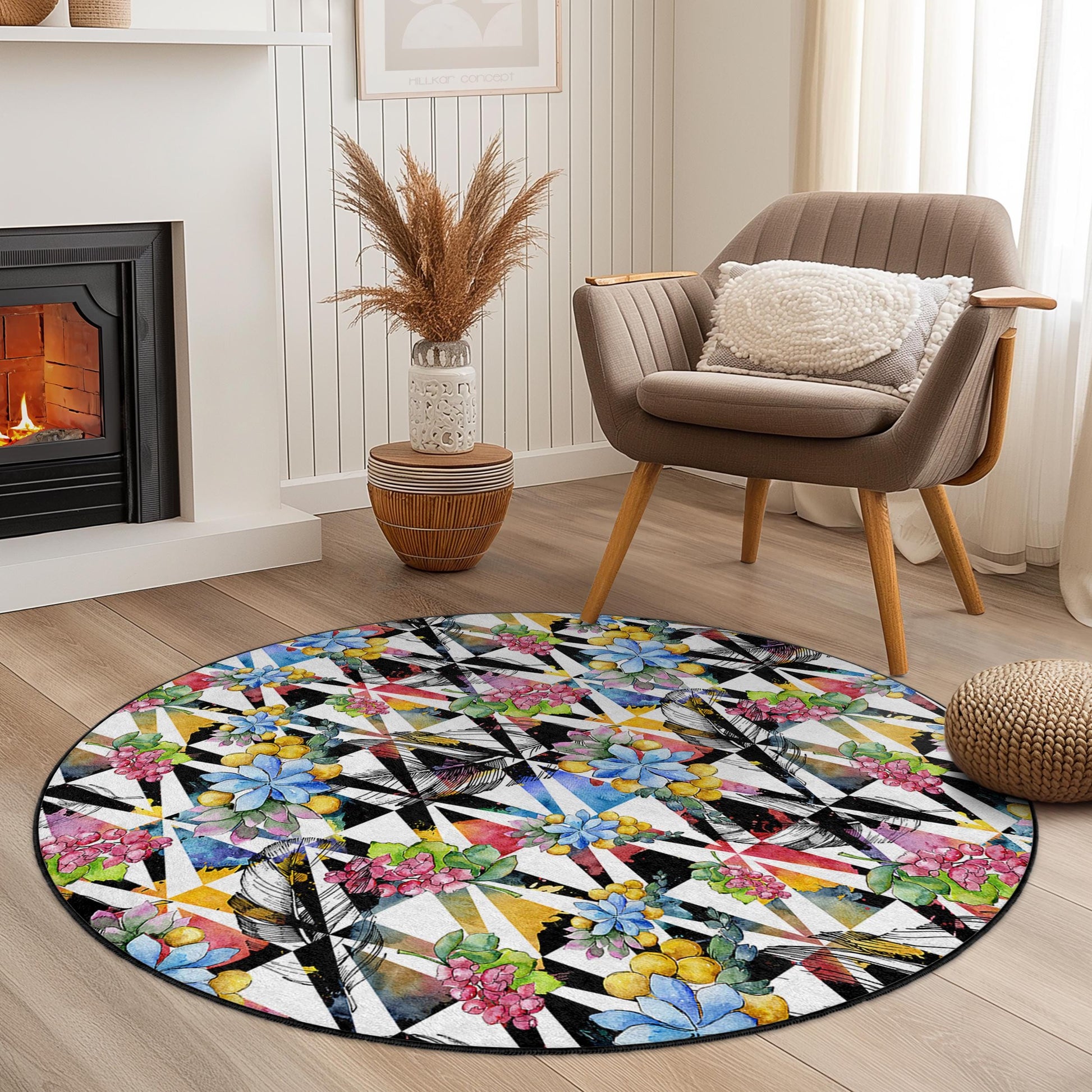 Floral Geometric Round Area Rug, Vibrant Flower Pattern Rug, Modern Round Carpet for Living Room, Unique Home Decor, Stylish Round Rug