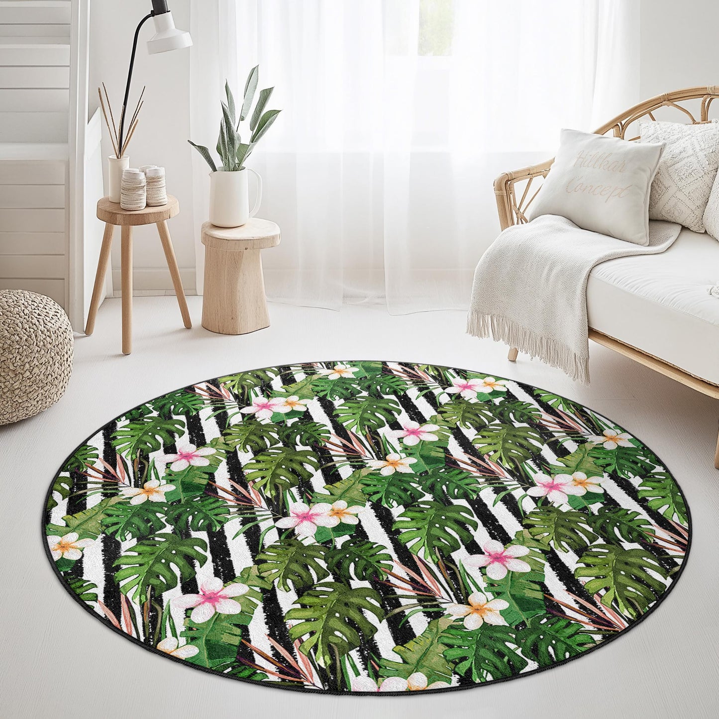 Runder Teppich mit tropischem Blattmuster, runder Teppich mit Blumenmuster, runder Boho-Teppich, Innendekoration, Wohnzimmerteppich, Wohnaccessoire