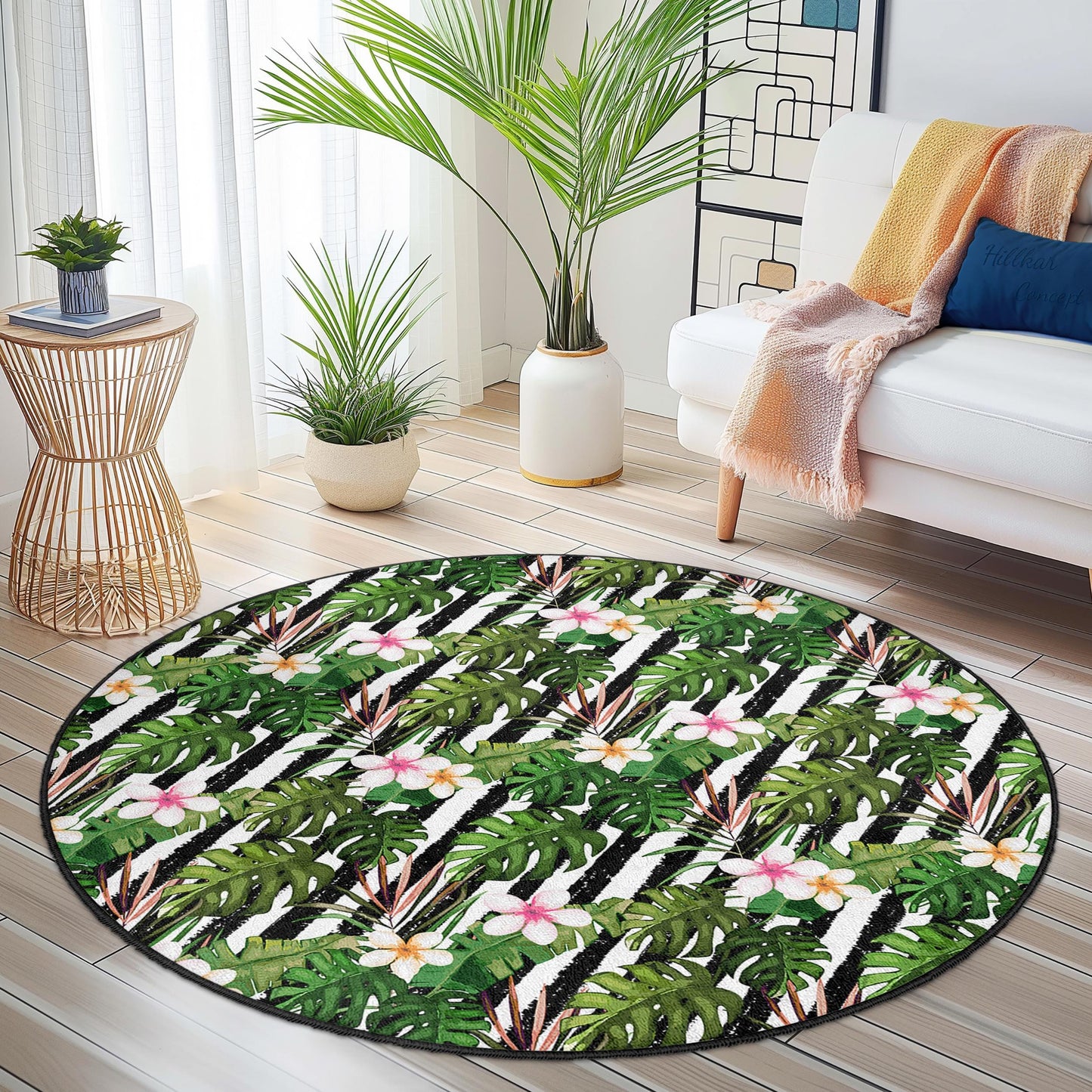 Runder Teppich mit tropischem Blattmuster, runder Teppich mit Blumenmuster, runder Boho-Teppich, Innendekoration, Wohnzimmerteppich, Wohnaccessoire