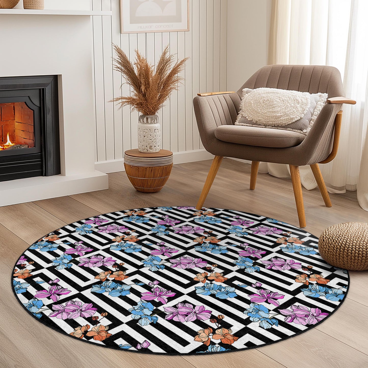 Runder Teppich mit geometrischem Blumenmuster, eleganter Teppich mit Blumenmuster, moderner runder Teppich für das Wohnzimmer, schwarz-weißer Teppich mit Blumenmuster