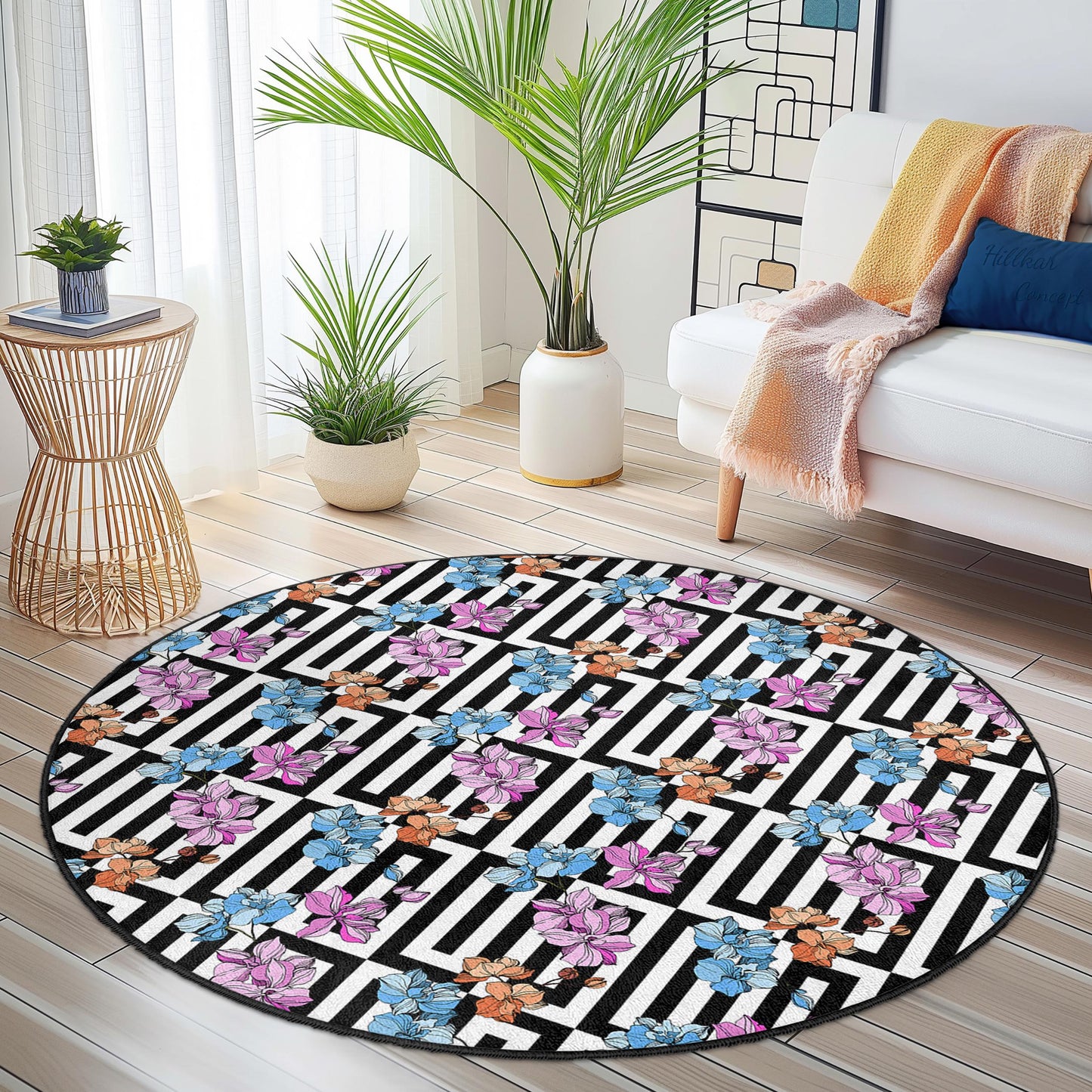 Floral Geometric Round Area Rug, Elegant Flower Pattern Rug, Modern Round Carpet for Living Room, Black and White Floral Rug