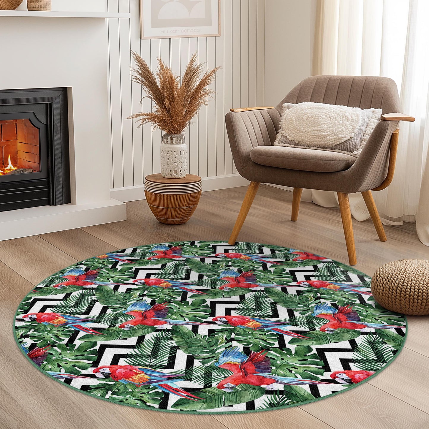 Runder Teppich mit farbenfrohem tropischem Papageienmuster, Dschungelmotiv, Boho-Stil, Wohnzimmerteppich, einzigartiger runder Teppich