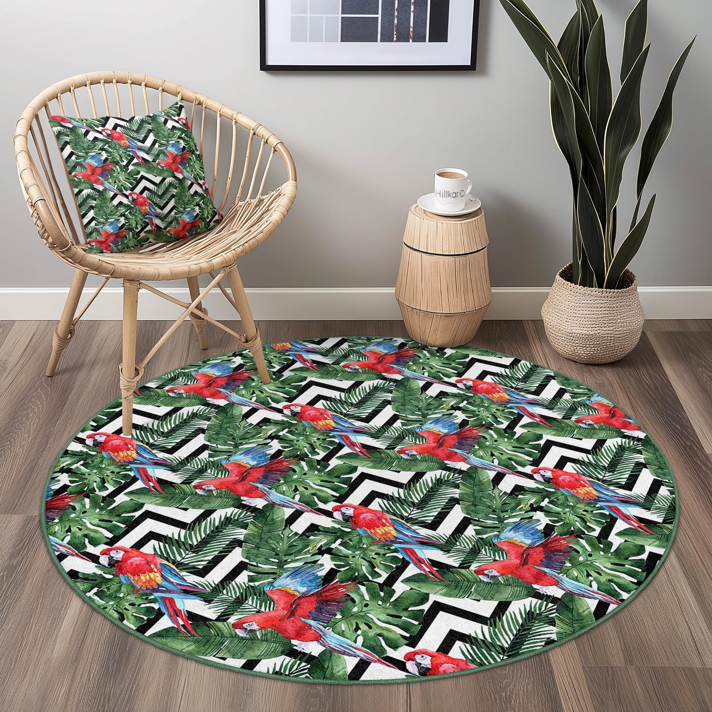 Runder Teppich mit farbenfrohem tropischem Papageienmuster, Dschungelmotiv, Boho-Stil, Wohnzimmerteppich, einzigartiger runder Teppich