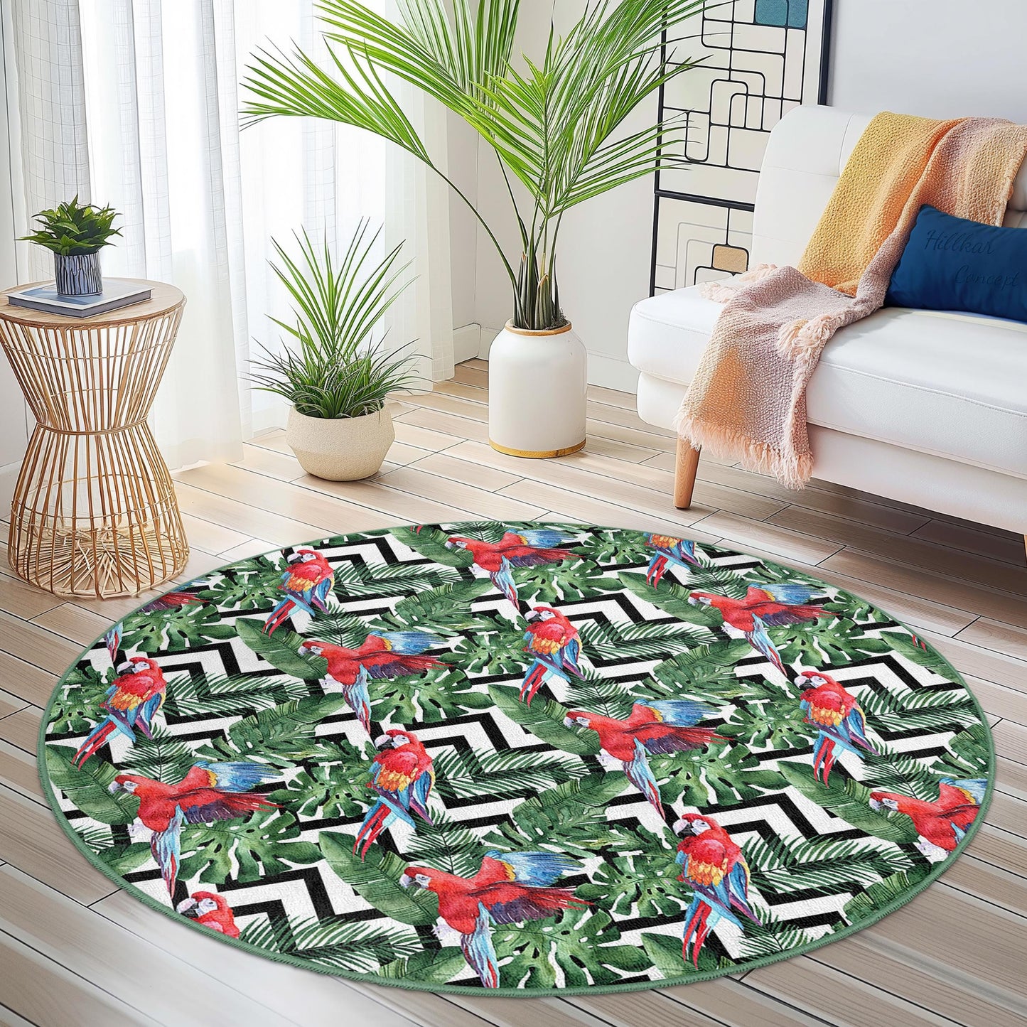 Runder Teppich mit farbenfrohem tropischem Papageienmuster, Dschungelmotiv, Boho-Stil, Wohnzimmerteppich, einzigartiger runder Teppich