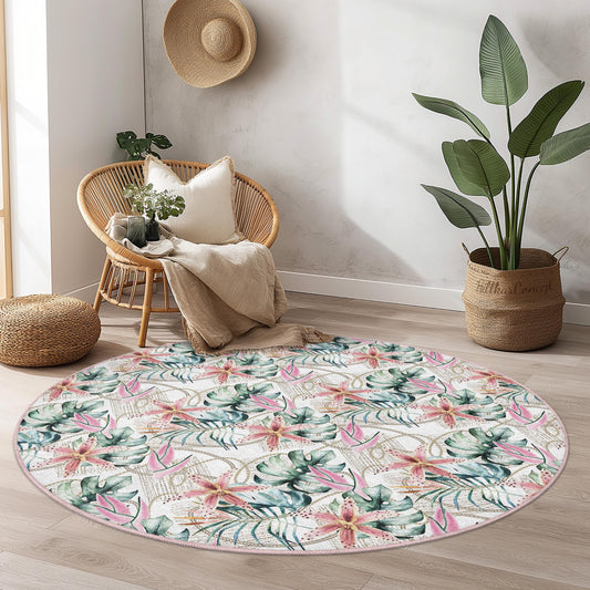Floral Watercolor Round Area Rug, Tropical Flower Rug, Soft Round Living Room Carpet, Boho Chic Decor, Indoor Round Rug