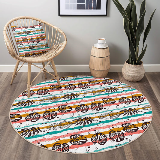 Tropical Leaves Round Area Rug, Bohemian Style Round Carpet, Colorful Leaf Pattern Rug, Living Room Decor, Indoor Round Mat