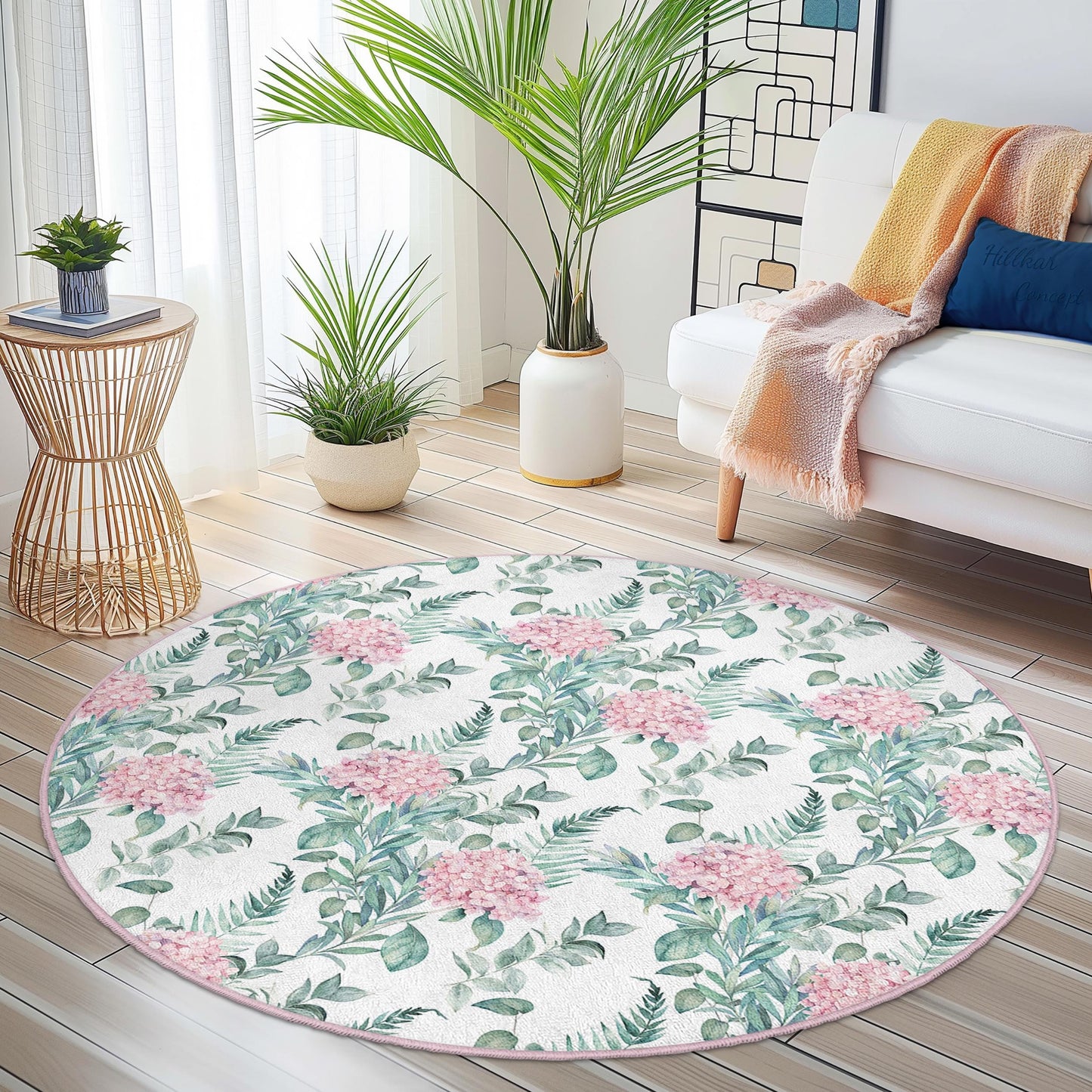 Runder Teppich mit Blumenmuster, runder Teppich mit rosa Blumenmuster, Teppich mit botanischem Print für das Wohnzimmer, weicher runder Teppich für die Heimdekoration