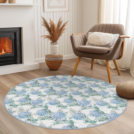 Floral Round Area Rug, Blue Flower Design Carpet, Round Living Room Rug, Soft Floral Decor, Cozy Home Aesthetic Rug