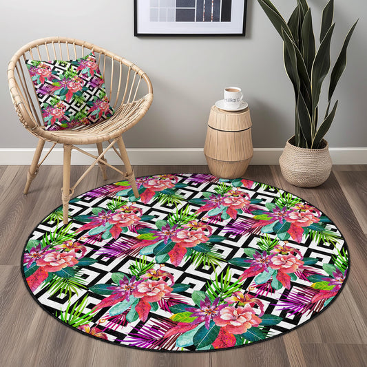 Vibrant Floral Round Area Rug, Colorful Geometric Pattern Carpet, Bohemian Home Decor, Living Room Rug, Stylish Round Rug