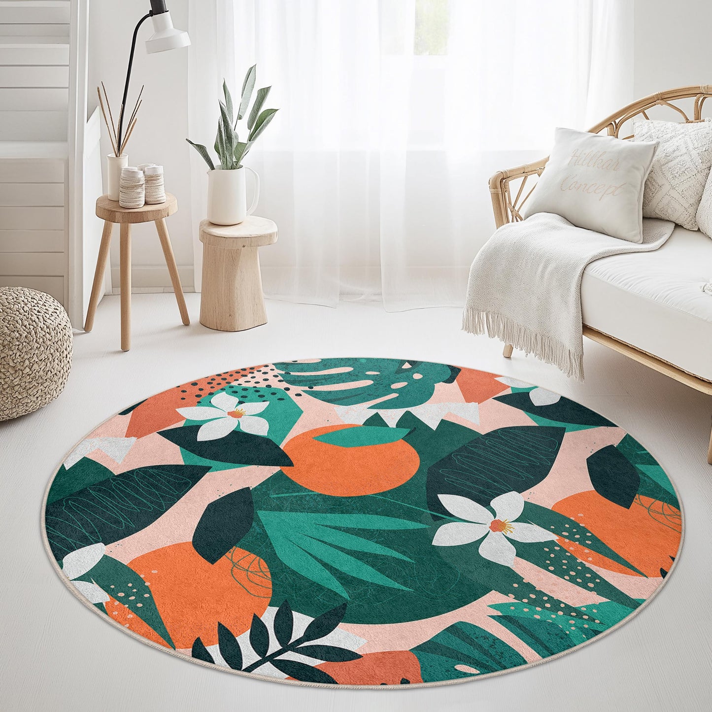 Runder Teppich mit tropischem Blattmuster, runder Boho-Teppich, Innendekoration, Wohnzimmerteppich, einzigartiger runder Teppich, Teppich mit Blumendesign