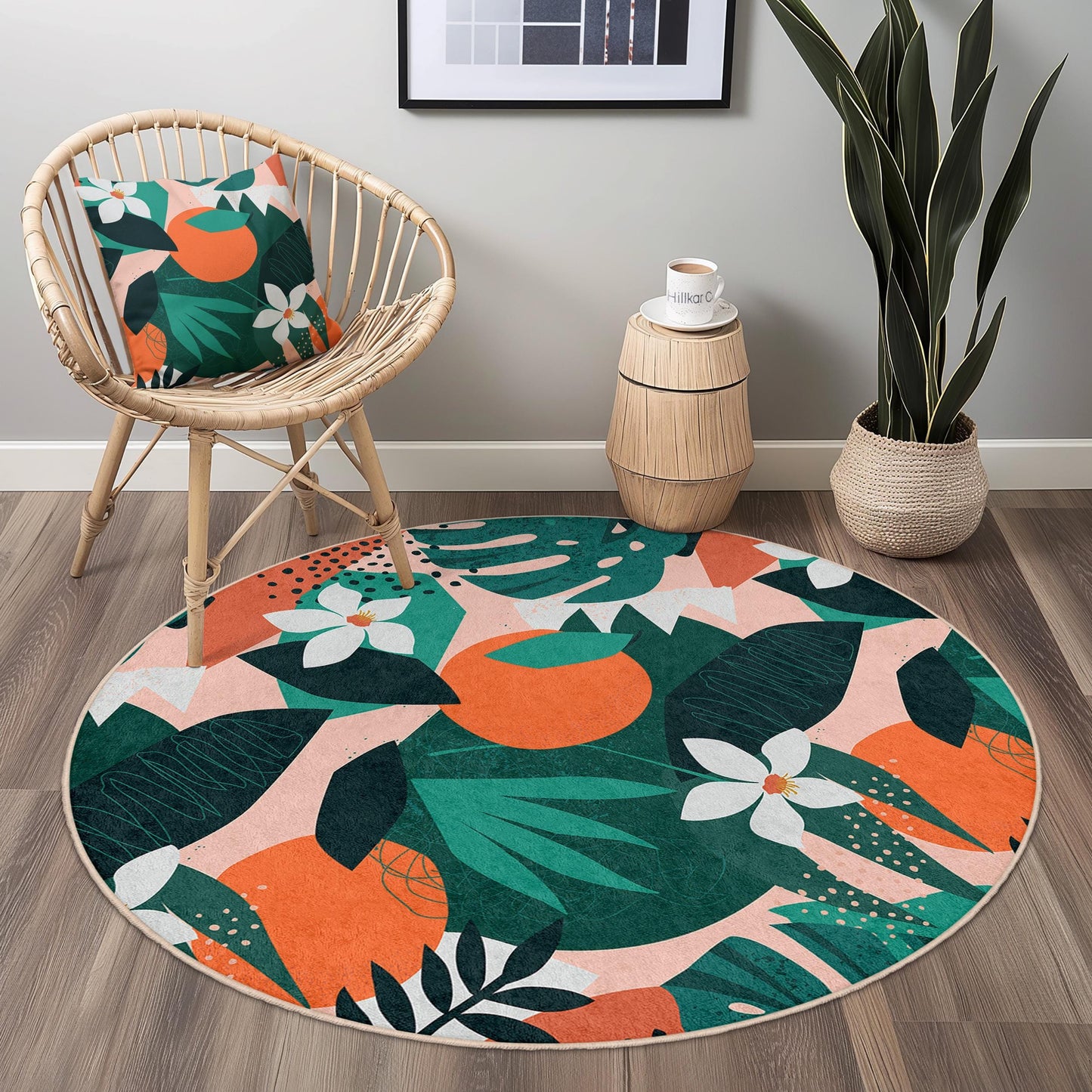 Runder Teppich mit tropischem Blattmuster, runder Boho-Teppich, Innendekoration, Wohnzimmerteppich, einzigartiger runder Teppich, Teppich mit Blumendesign