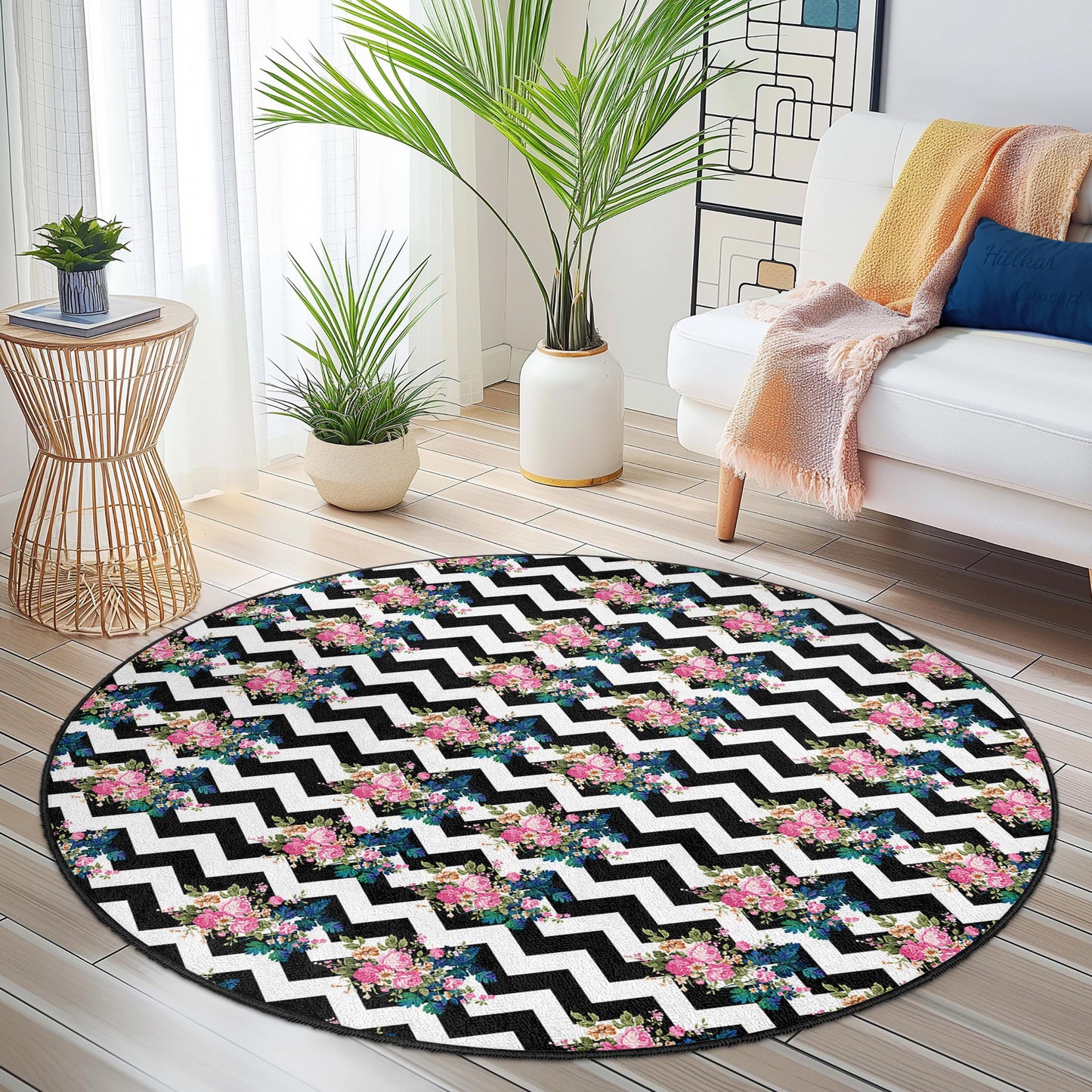 Runder Teppich mit floralem Chevron-Muster, stilvoller runder Teppich, schicker Wohnzimmerteppich, Boho-Dekoration, moderner schwarz-weißer Teppich