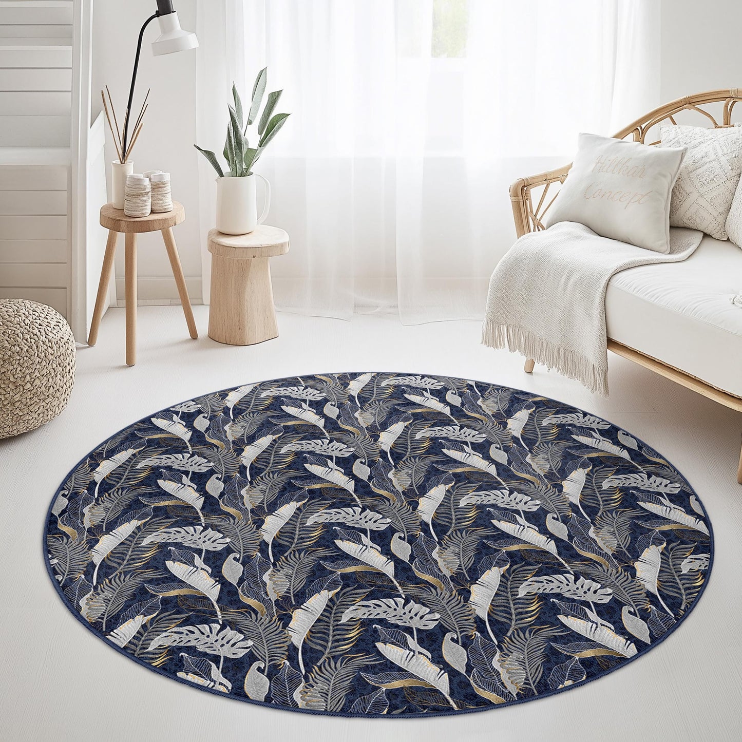 Eleganter runder Teppich mit Blattmuster, floraler runder Teppich für das Wohnzimmer, Boho-Dekor, runde Matte für den Innenbereich, weicher runder Teppich