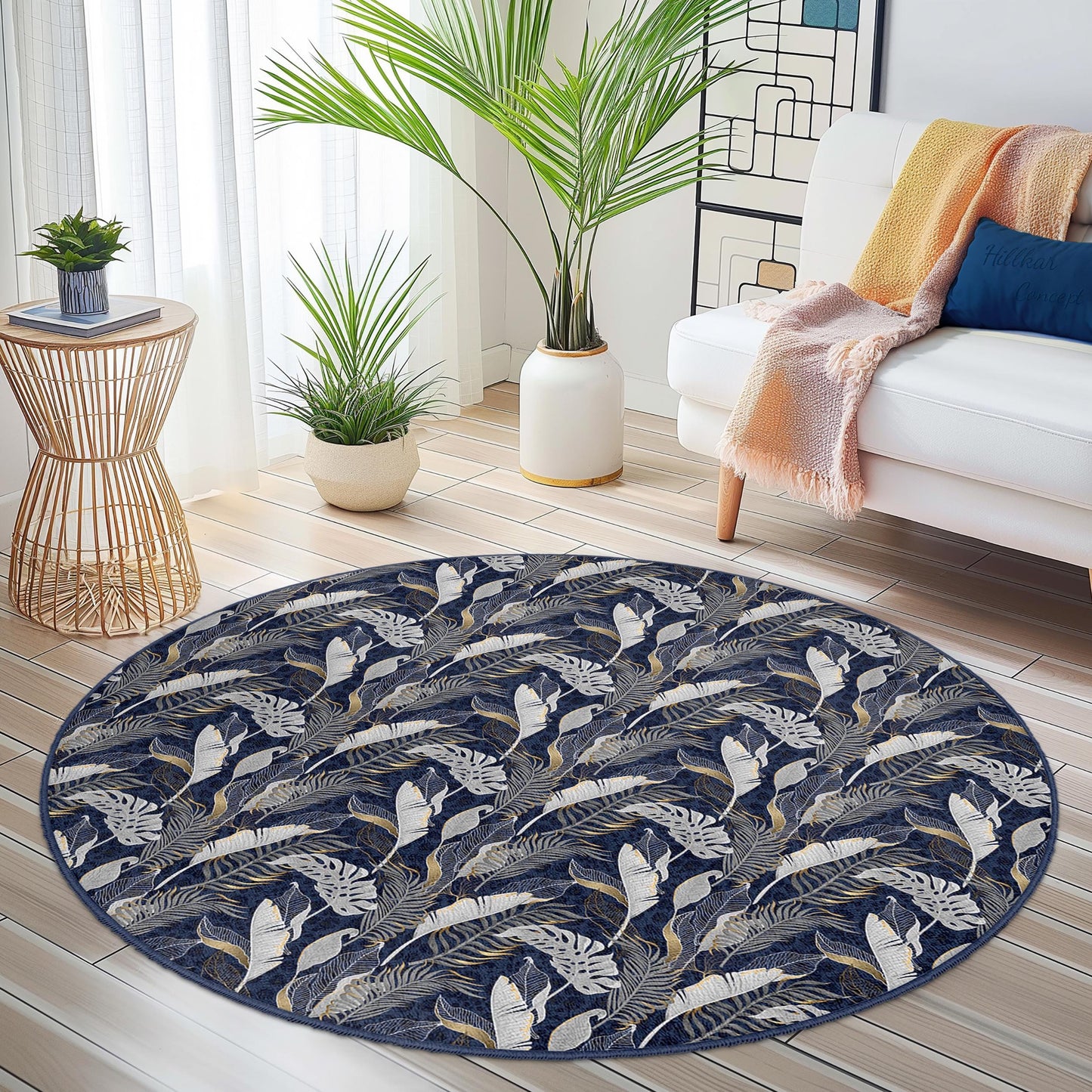 Eleganter runder Teppich mit Blattmuster, floraler runder Teppich für das Wohnzimmer, Boho-Dekor, runde Matte für den Innenbereich, weicher runder Teppich