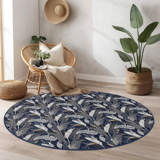Elegant Leaf Pattern Round Area Rug, Floral Round Carpet for Living Room, Bohemian Decor, Indoor Round Mat, Soft Round Rug
